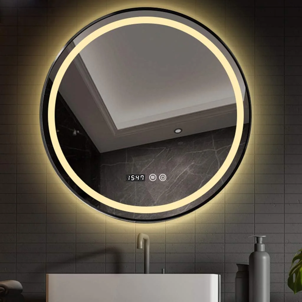 آینه آرایشی، آینه حمام، آینه رومیزی، آینه دیواری با نور ال ای دی برای آینه های گرد شیشه ای با کلید لمسی، نمایشگر زمان ضد مه، نور سفید سرد / مشکی / 60 سانتی متر