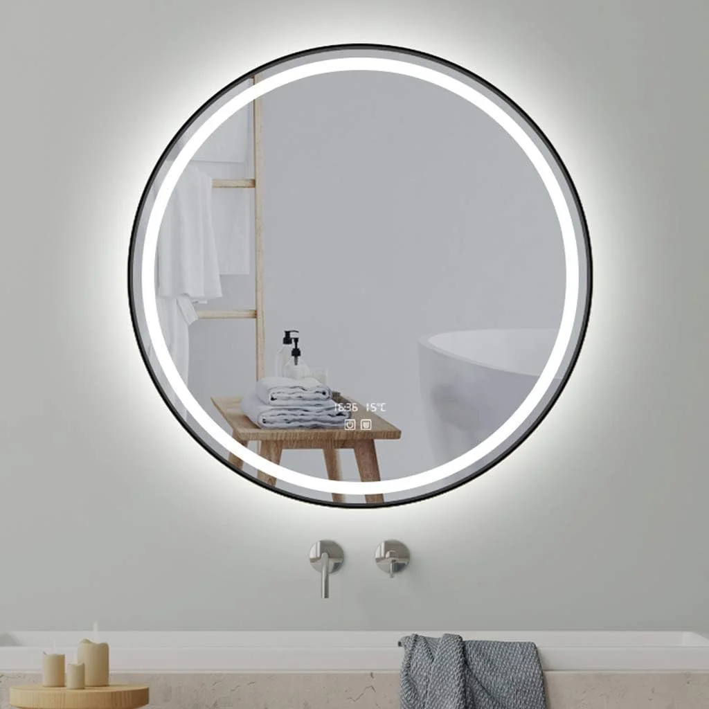 آینه آرایشی، آینه حمام، آینه رومیزی، آینه دیواری با نور ال ای دی برای آینه های گرد شیشه ای با کلید لمسی، نمایشگر زمان ضد مه، نور سفید سرد / مشکی / 60 سانتی متر