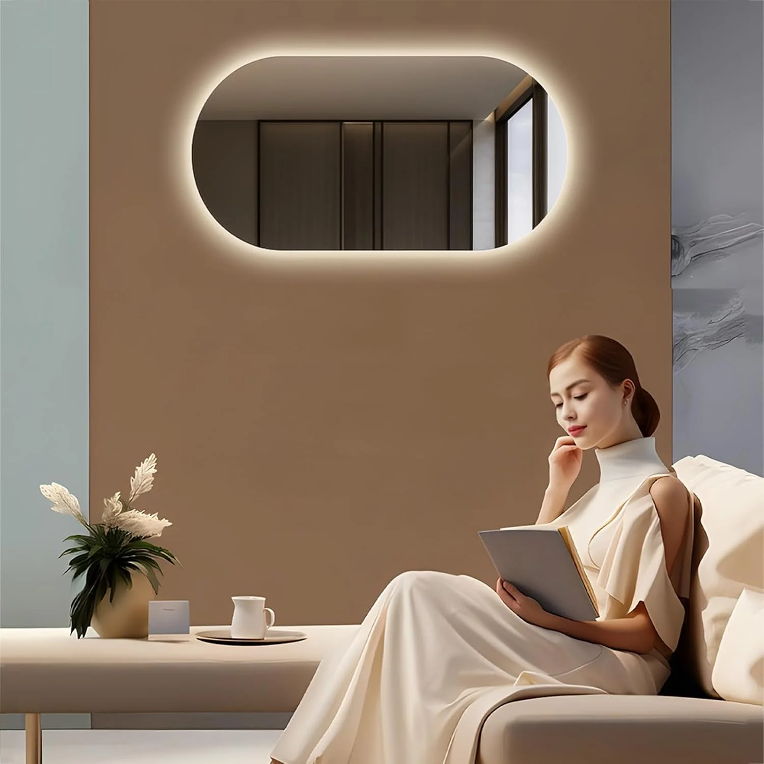 آینه حمام با نور ال ای دی، آینه دیواری ضد بخار با قابلیت تنظیم 3 رنگ نور، آینه تزئینی، آینه روشویی آرایشی با دکمه لمسی هوشمند برای ورودی، اتاق خواب و حمام (رنگ: A، سایز: 23.6)