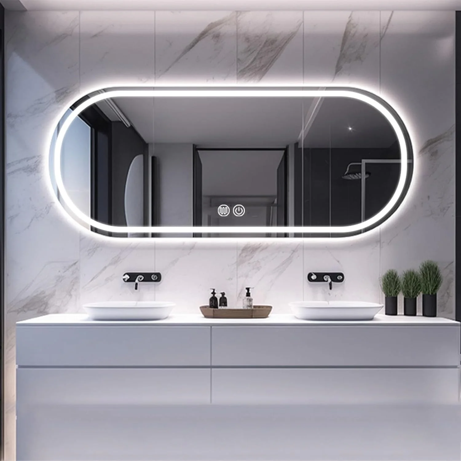 آینه حمام با نور LED، آینه دیواری ضد بخار با قابلیت تنظیم 3 رنگ نور، آینه تزئینی، آینه آرایشی با دکمه لمسی هوشمند برای ورودی، اتاق خواب و حمام (رنگ: B، سایز: 23.6)