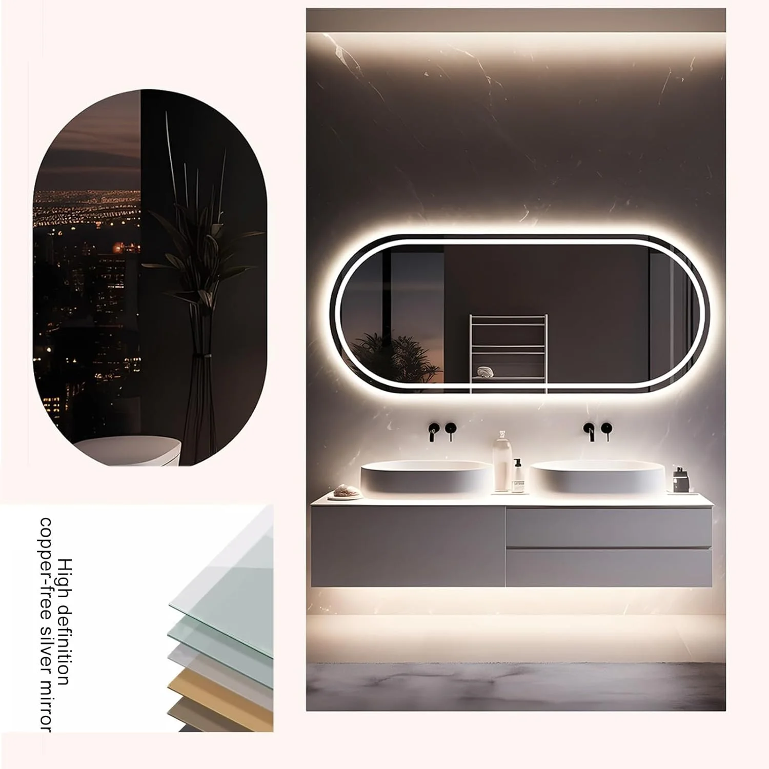 آینه حمام با نور LED، آینه دیواری ضد بخار با قابلیت تنظیم 3 رنگ نور، آینه تزئینی، آینه آرایشی با دکمه لمسی هوشمند برای ورودی، اتاق خواب و حمام (رنگ: B، سایز: 23.6) آینه حمام با نور LED، آینه دیواری ضد بخار با قابلیت تنظیم 3 رنگ نور، آینه تزئینی، آینه آرایشی با دکمه لمسی هوشمند برای ورودی، اتاق خواب و حمام (رنگ: B، سایز: 23.6)