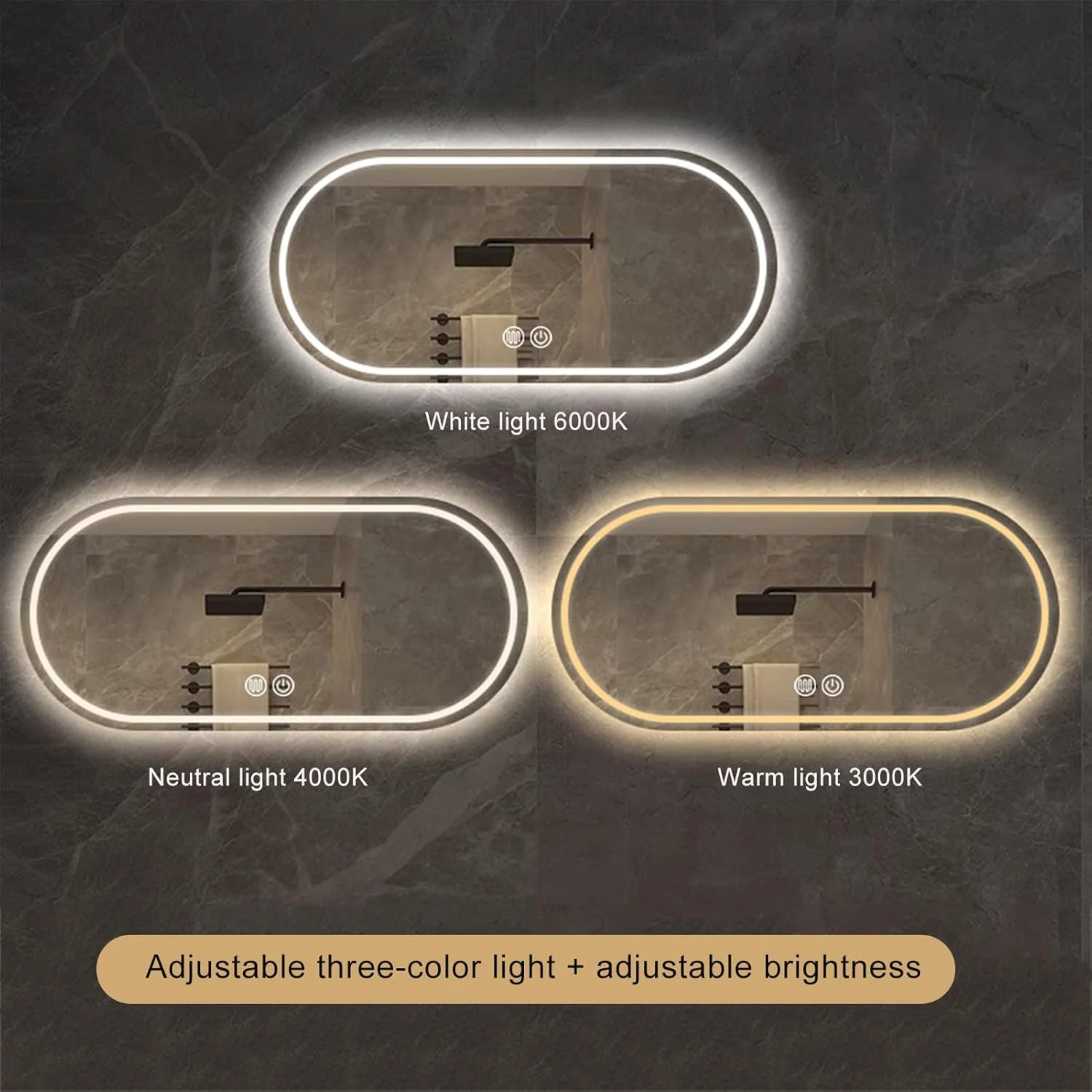 آینه حمام با نور ال ای دی، آینه دیواری ضد بخار با قابلیت تنظیم سه رنگ نور، آینه تزئینی، آینه آرایشی با دکمه لمسی هوشمند برای ورودی، اتاق خواب و حمام (رنگ: B، اندازه: 23.6)