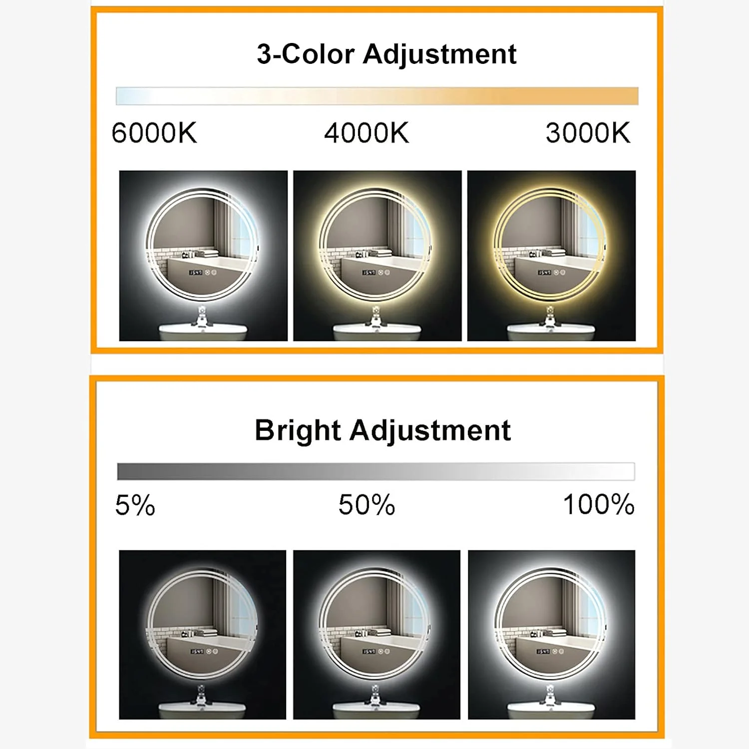 آینه گرد LED حمام با نورهای کم‌نور شونده، 3 رنگ قابل تنظیم و نمایشگر زمان، آینه دیواری 700 * 700 میلی‌متر