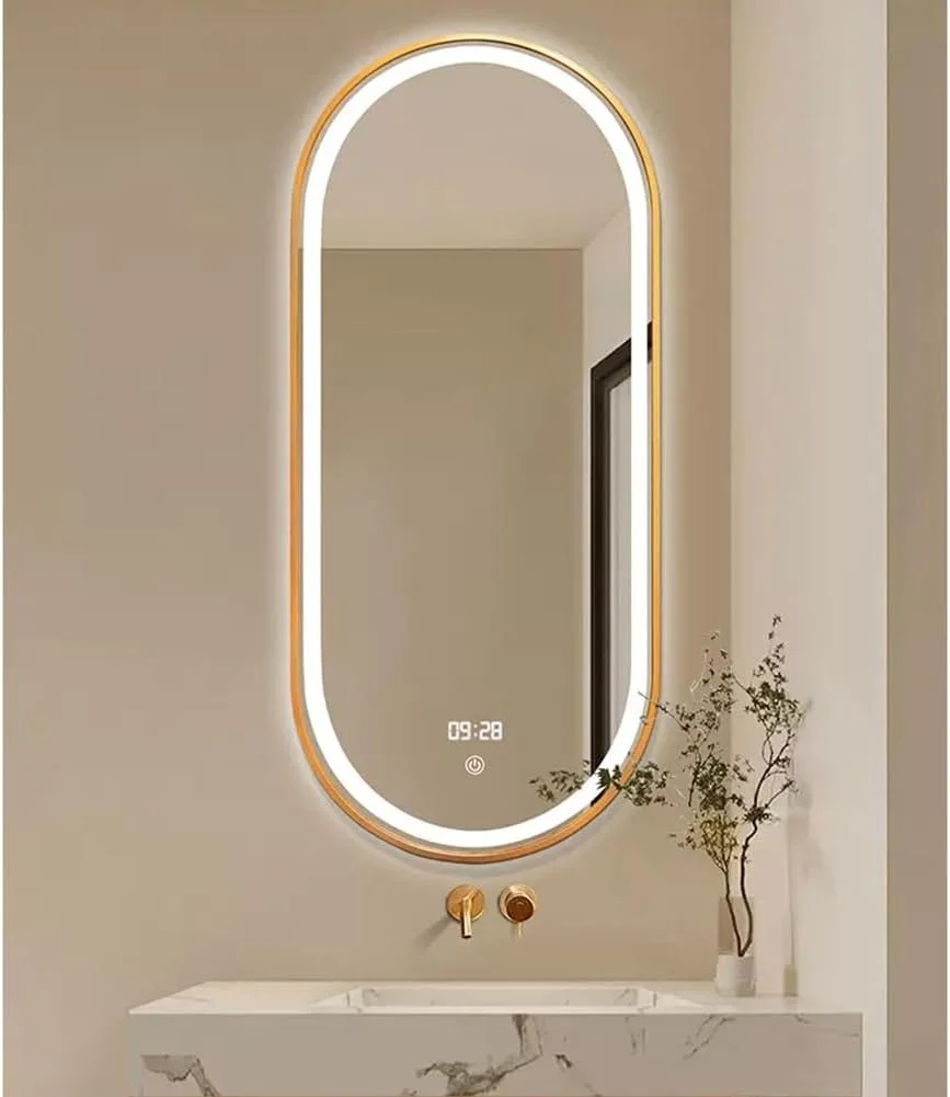 آینه حمام ال ای دی 50x80 سانتی‌متر با قابلیت تنظیم نور در 3 رنگ، آینه ضد بخار دیواری مناسب آرایش با نوارهای نوری و حسگر لمسی، ضد شکست