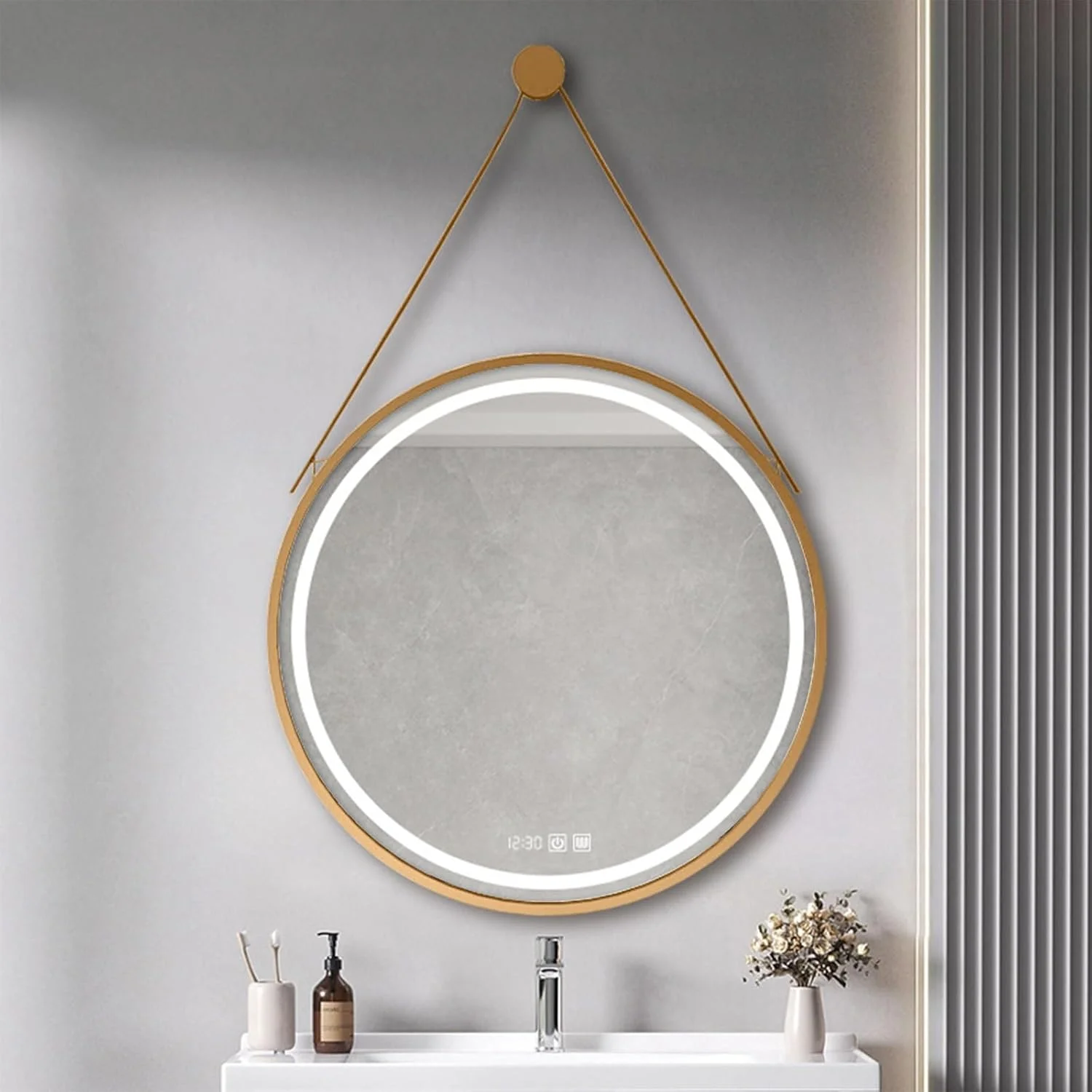 آینه گرد LED برای حمام، آینه حمام چراغ دار با قاب فلزی مشکی 60 سانتی متری، 3 رنگ قابل تنظیم، آینه آرایش ضد بخار هوشمند، کلید لمسی هوشمند، مناسب برای اتاق خواب، حمام، سرویس بهداشتی هتل (طلایی، گرم)