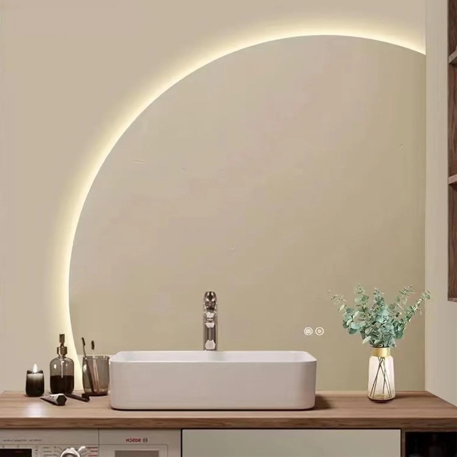 آینه حمام LED نیمه ماه، آینه هوشمند ضد بخار 60 سانتی متری با کلید لمسی، آینه آرایشی ضد انفجار، آینه آرایشی هوشمند برای حمام، اتاق خواب (نور سه رنگ، 70 سانتی متر)