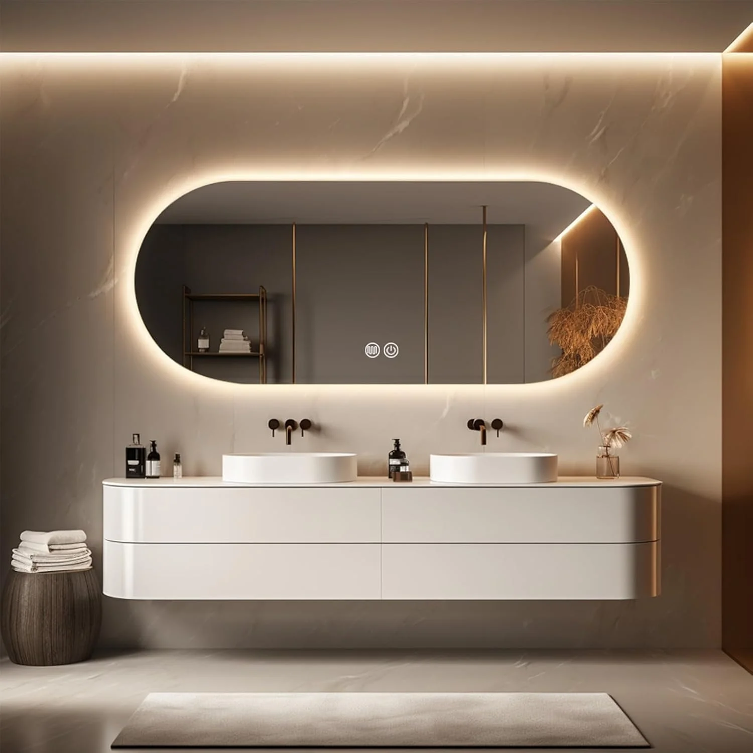 آینه حمام با نور ال ای دی، آینه دیواری ضد بخار با قابلیت تنظیم 3 رنگ نور، آینه تزئینی، آینه آرایشی با دکمه لمسی هوشمند برای ورودی، اتاق خواب و حمام (رنگ: A، اندازه: 29.5)