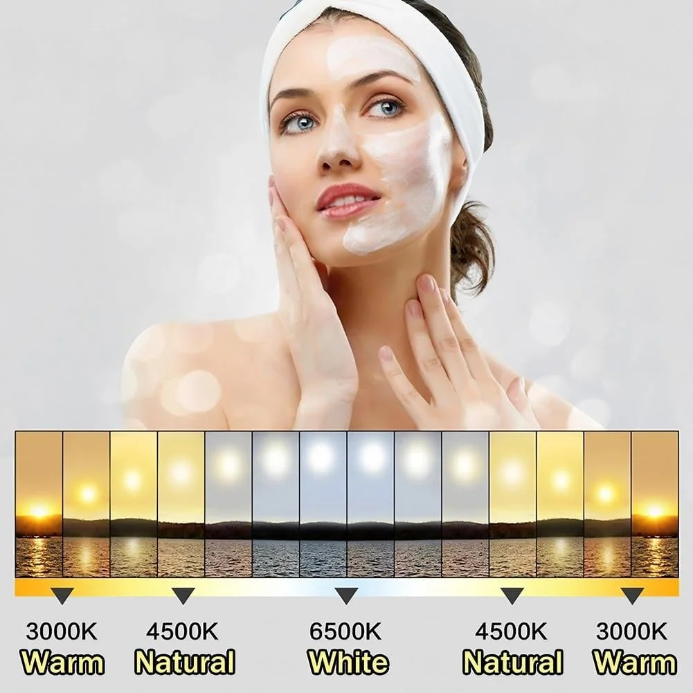 آینه حمام ال ای دی 50x80 سانتی‌متر با قابلیت تنظیم نور در 3 رنگ، آینه ضد بخار دیواری مناسب آرایش با نوارهای نوری و حسگر لمسی، ضد شکست