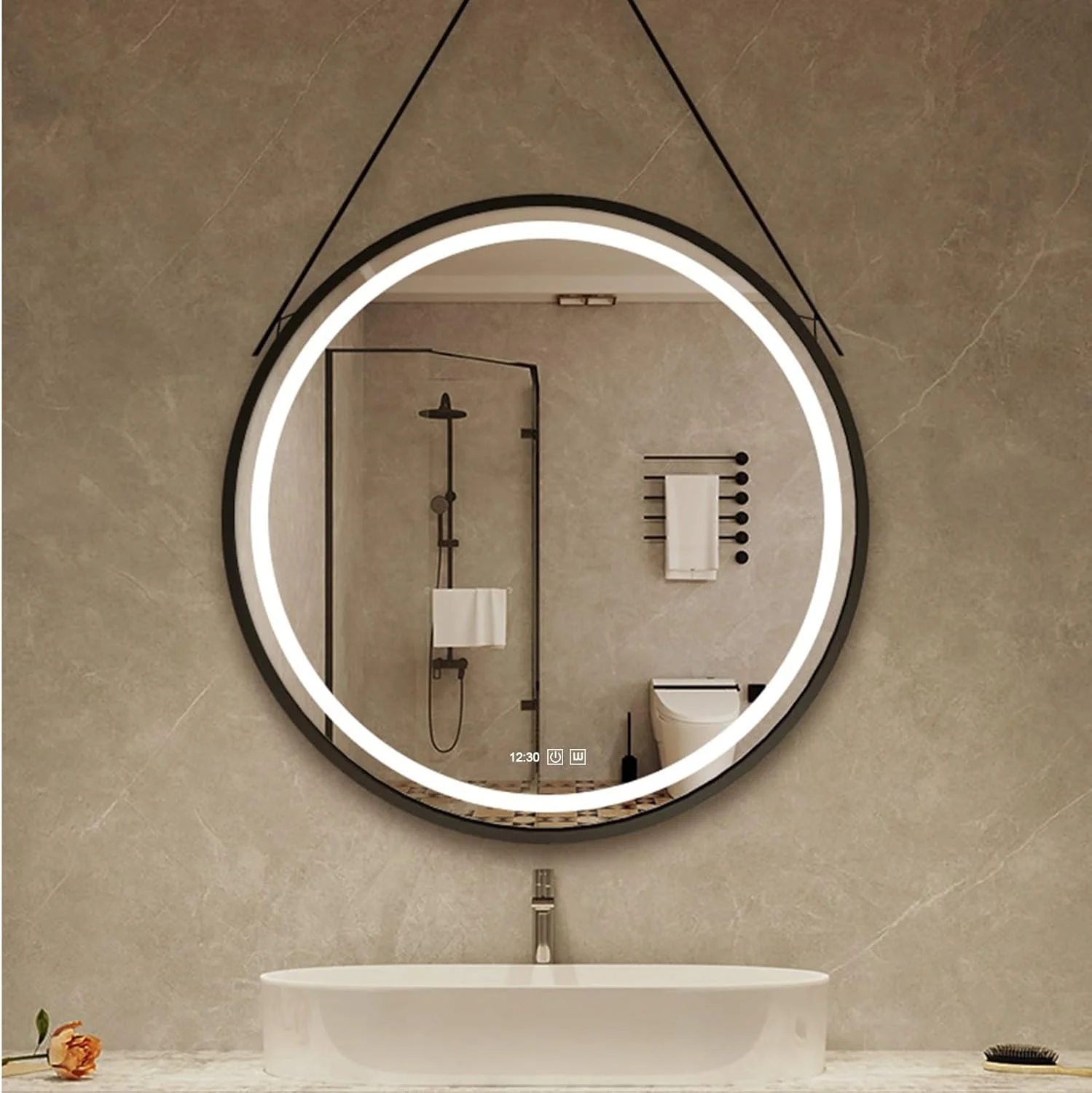 آینه گرد LED برای حمام، آینه حمام چراغ دار با قاب فلزی مشکی 60 سانتی متری، 3 رنگ قابل تنظیم، آینه آرایش ضد بخار هوشمند، کلید لمسی هوشمند، مناسب برای اتاق خواب، حمام، سرویس بهداشتی هتل (طلایی، گرم)