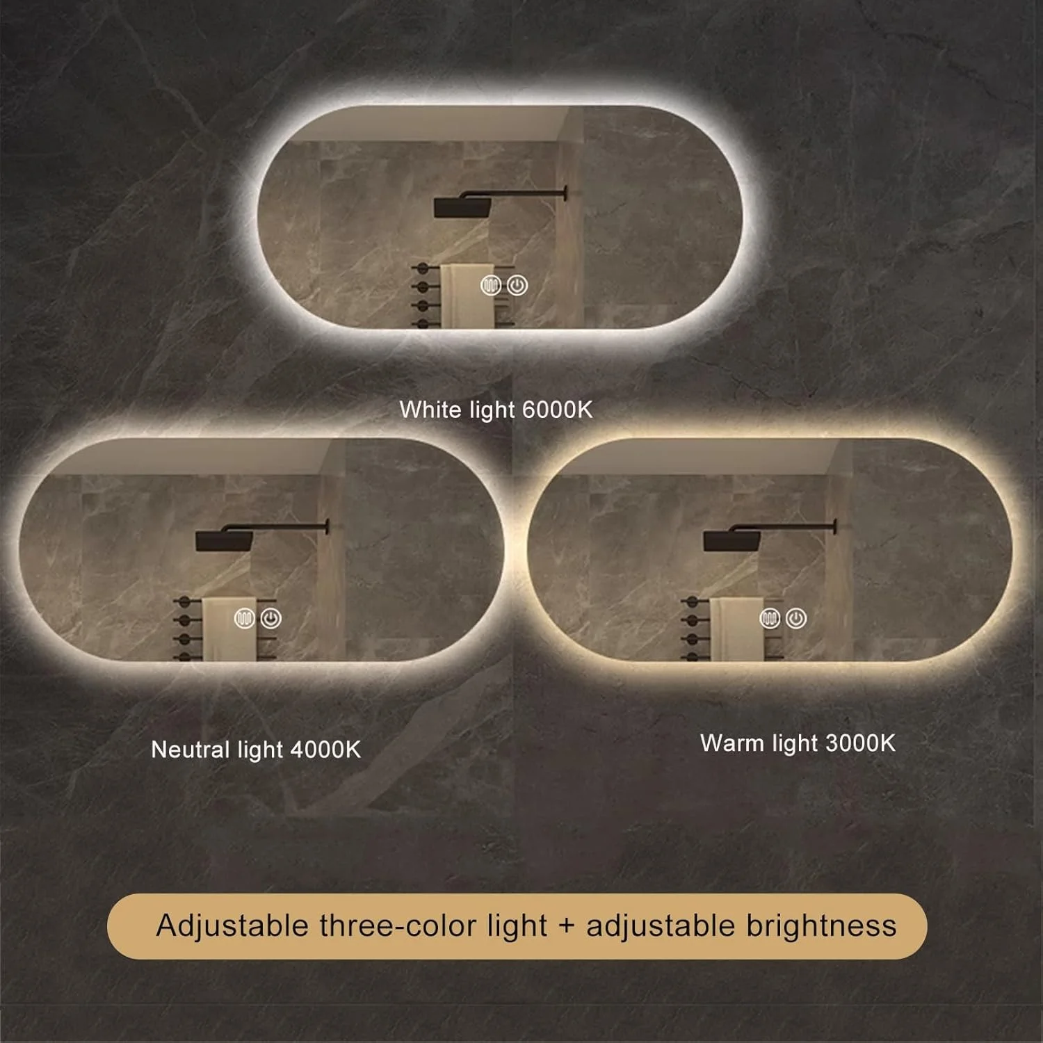 آینه حمام با نور ال ای دی، آینه دیواری ضد بخار با قابلیت تنظیم 3 رنگ نور، آینه تزئینی، آینه آرایشی با دکمه لمسی هوشمند برای ورودی، اتاق خواب و حمام (رنگ: A، سایز: 27.5)