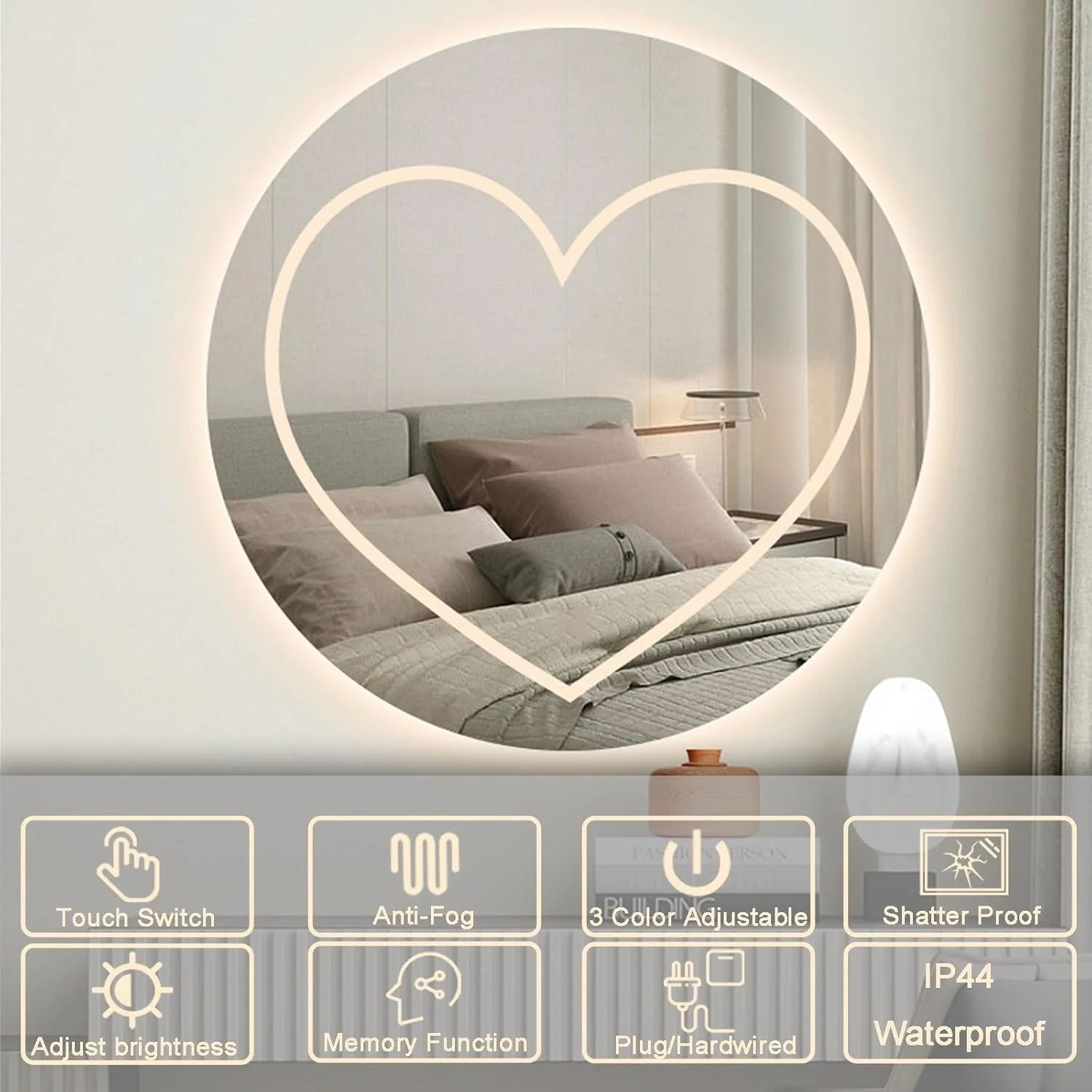 آینه گرد LED حمام، 70X70 سانتی متر، آینه روشویی بزرگ دیواری، روشنایی کم نور شونده 3 رنگ، با ضد مه، ضد خرد شدن، آینه دیواری شیشه ای HD، آینه آرایش با نور پس زمینه