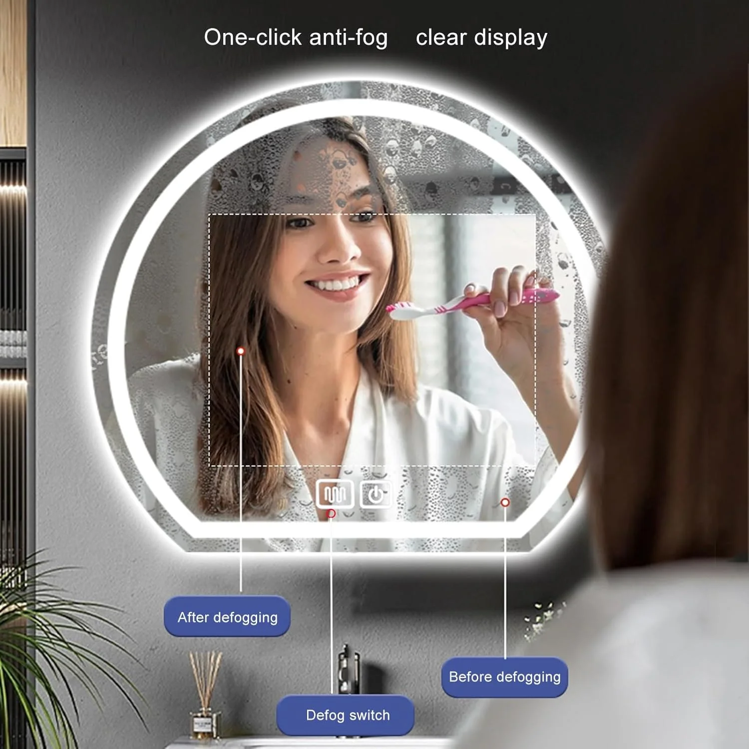 آینه دیواری قوسی، آینه حمام با قابلیت تنظیم نور در 3 رنگ، ضد انفجار و ضد بخار، آینه روشویی دیواری نورپردازی شده، مناسب برای ورودی، اتاق خواب، اتاق نشیمن و حمام (رنگ: A، اندازه: 35.4 اینچ)