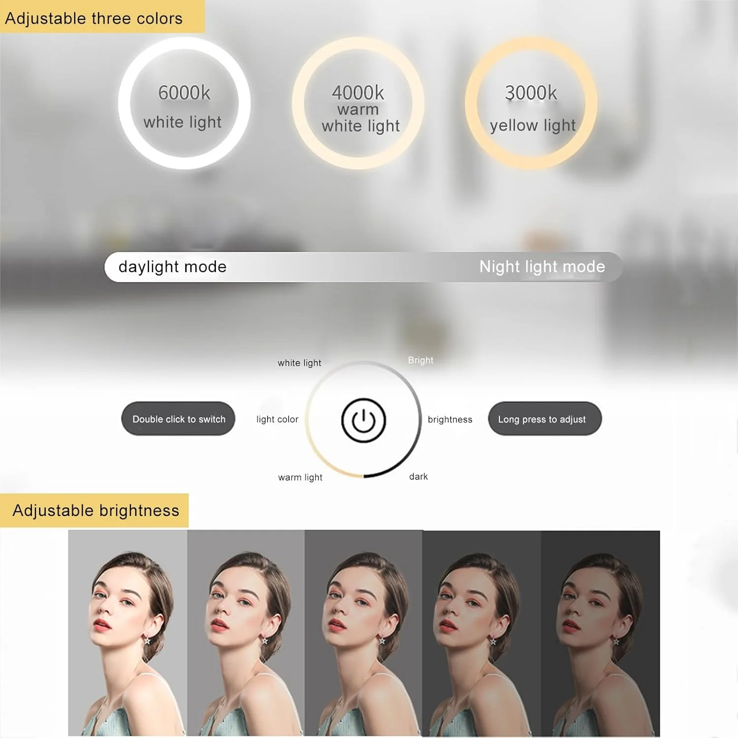 آینه های حمام، آینه دیواری با نورهای کم نور 3 رنگ و ضد بخار، شیک ترین آینه روشویی نورانی، برای اتاق نشیمن، اتاق خواب، ورودی (اندازه: 110x70CM) آینه های حمام، آینه دیواری با نورهای کم نور 3 رنگ و ضد بخار، شیک ترین آینه روشویی نورانی، برای اتاق نشیمن، اتاق خواب، ورودی (اندازه: 110x70CM)