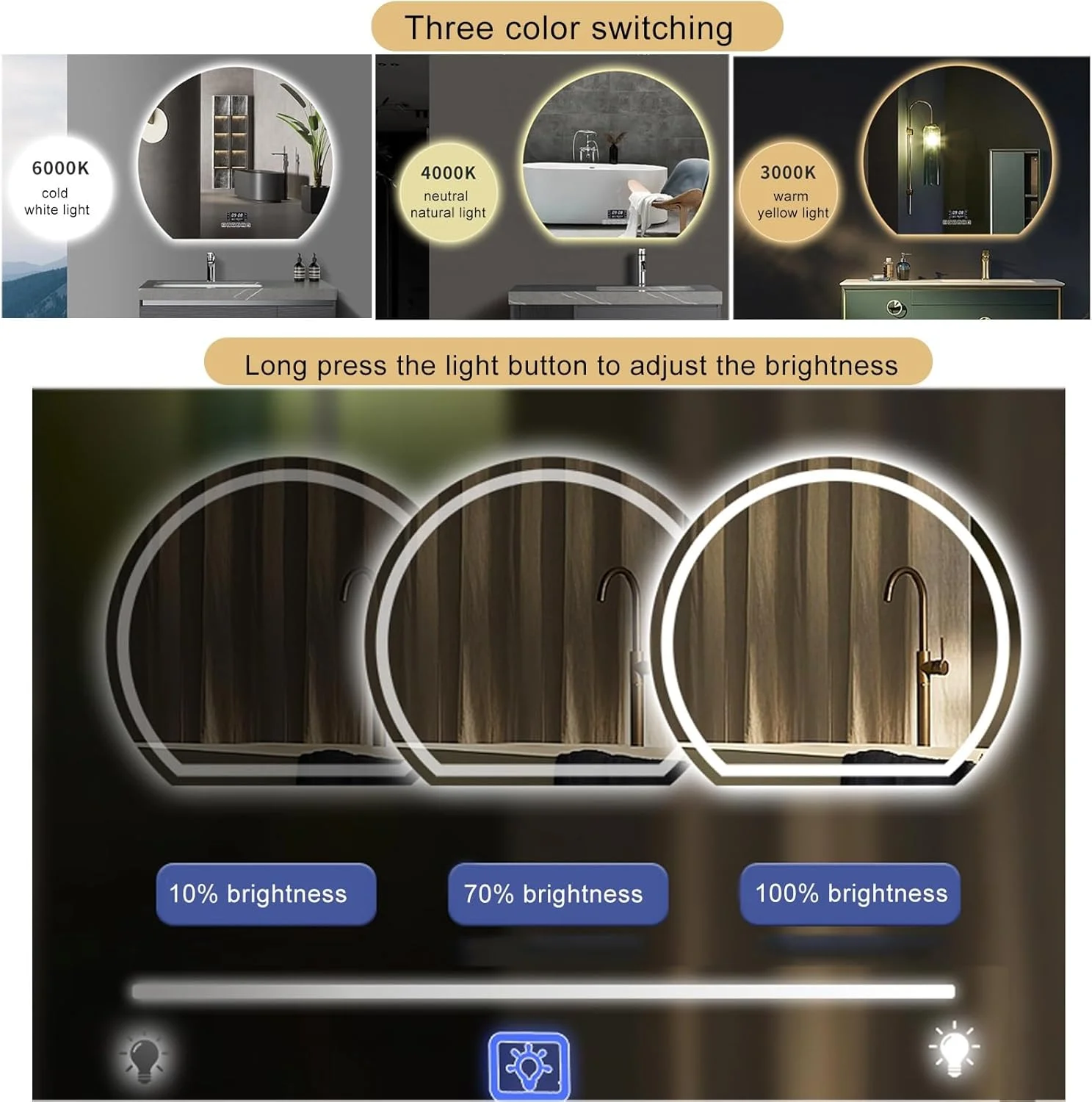 آینه دیواری قوسی، آینه حمام با قابلیت تنظیم نور در 3 رنگ، ضد انفجار و ضد بخار، آینه روشویی دیواری نورپردازی شده، مناسب برای ورودی، اتاق خواب، اتاق نشیمن و حمام (رنگ: A، اندازه: 35.4 اینچ)