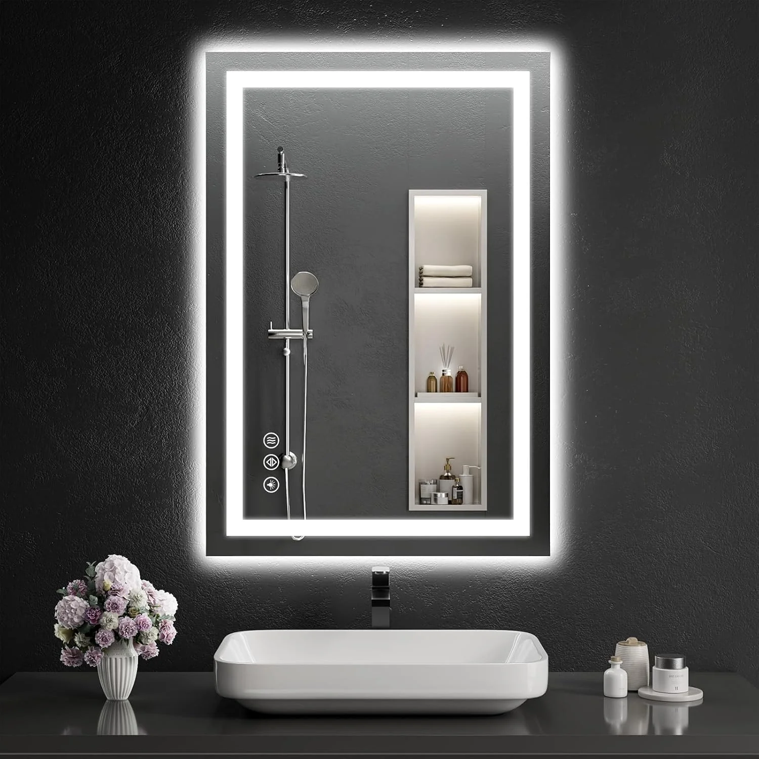 آینه حمام ال ای دی هوشمند زاویه راست - 66x96.5 سانتی متر، لمسی و قابل تنظیم نور، نصب دیواری بدون قاب، طراحی ضد آب، آینه آرایش مدرن بدون قاب برای حمام و روشویی