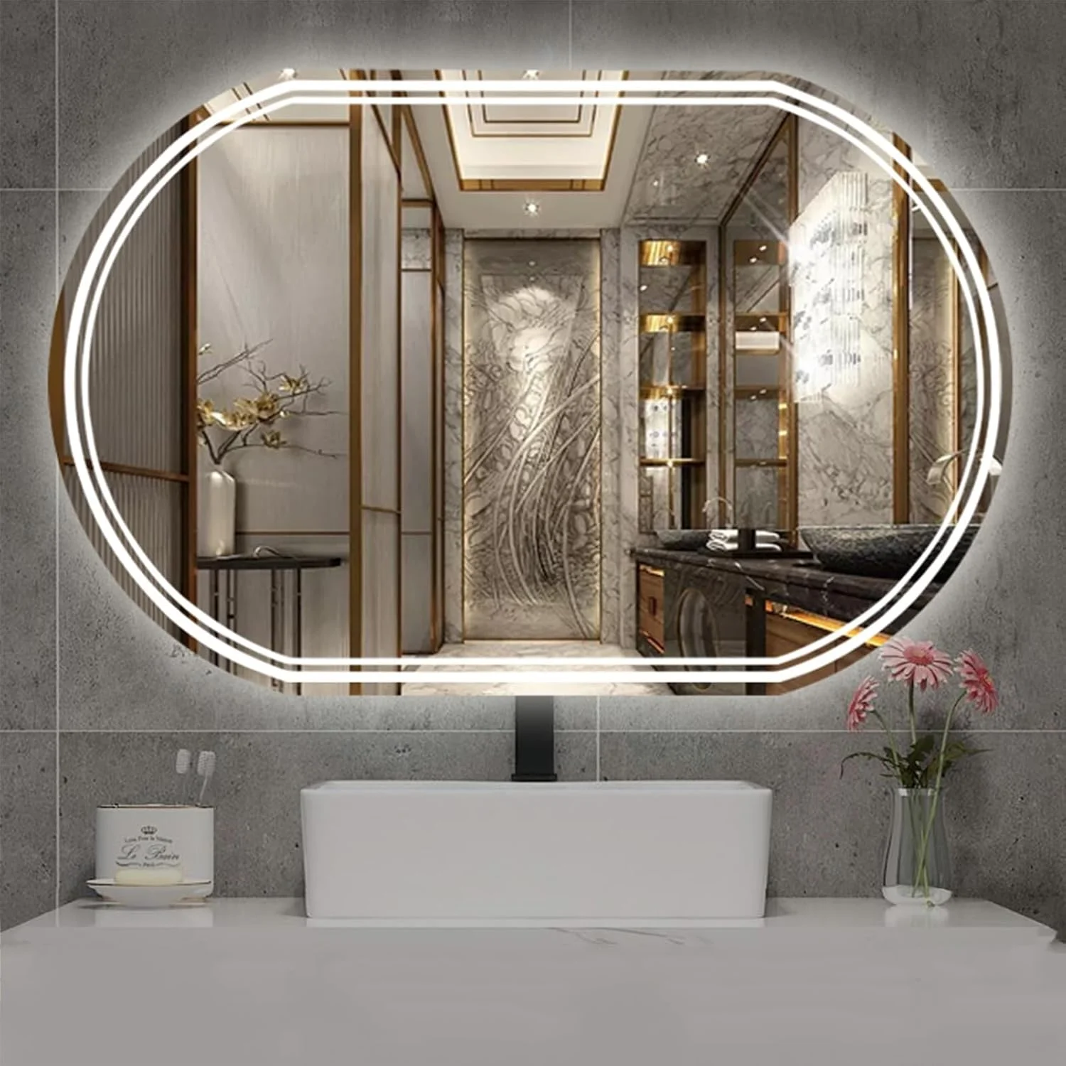 آینه حمام LED با 3 رنگ نور قابل تنظیم، آینه دیواری تزئینی با ضد بخار، آینه روشویی، با دکمه لمسی، برای حمام، اتاق خواب، ایوان، ورودی (اندازه: 75x120 سانتی متر)