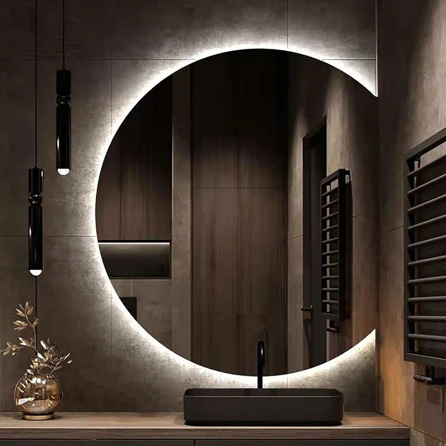 آینه حمام LED هوشمند، آینه آرایشی نیمه ماه با نور پس زمینه تزئینی با قابلیت تنظیم 3 رنگ، آینه دیواری با کلید لمسی، آینه LED ضد بخار (برش راست 90 سانتی متر)