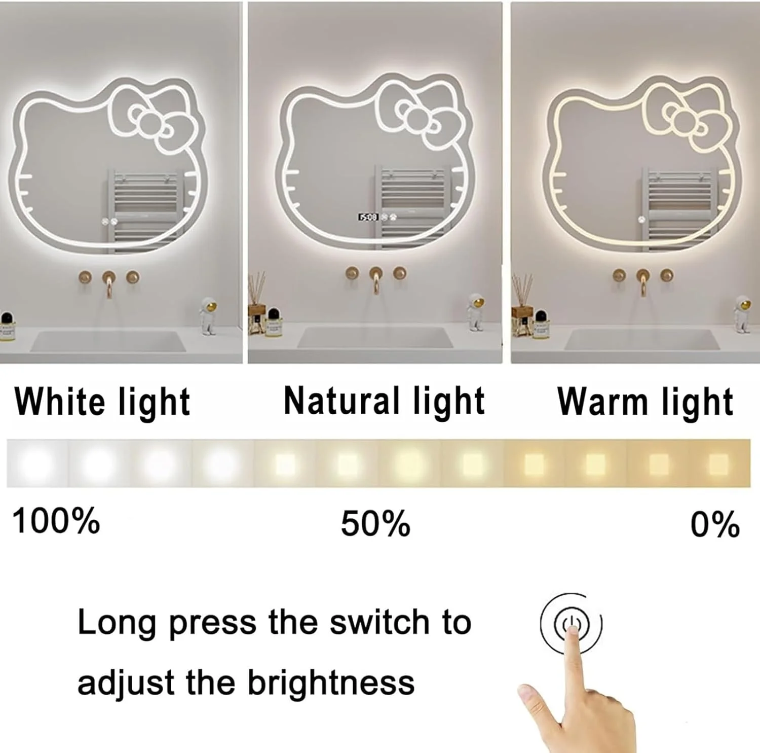 آینه حمام گربه کارتونی LED، آینه روشویی مدرن با قابلیت تنظیم نور، آینه بیضی شکل HD ضد شکست برای اتاق نشیمن، حمام، اتاق خواب، ورودی، 60x52cm|70x62cm
