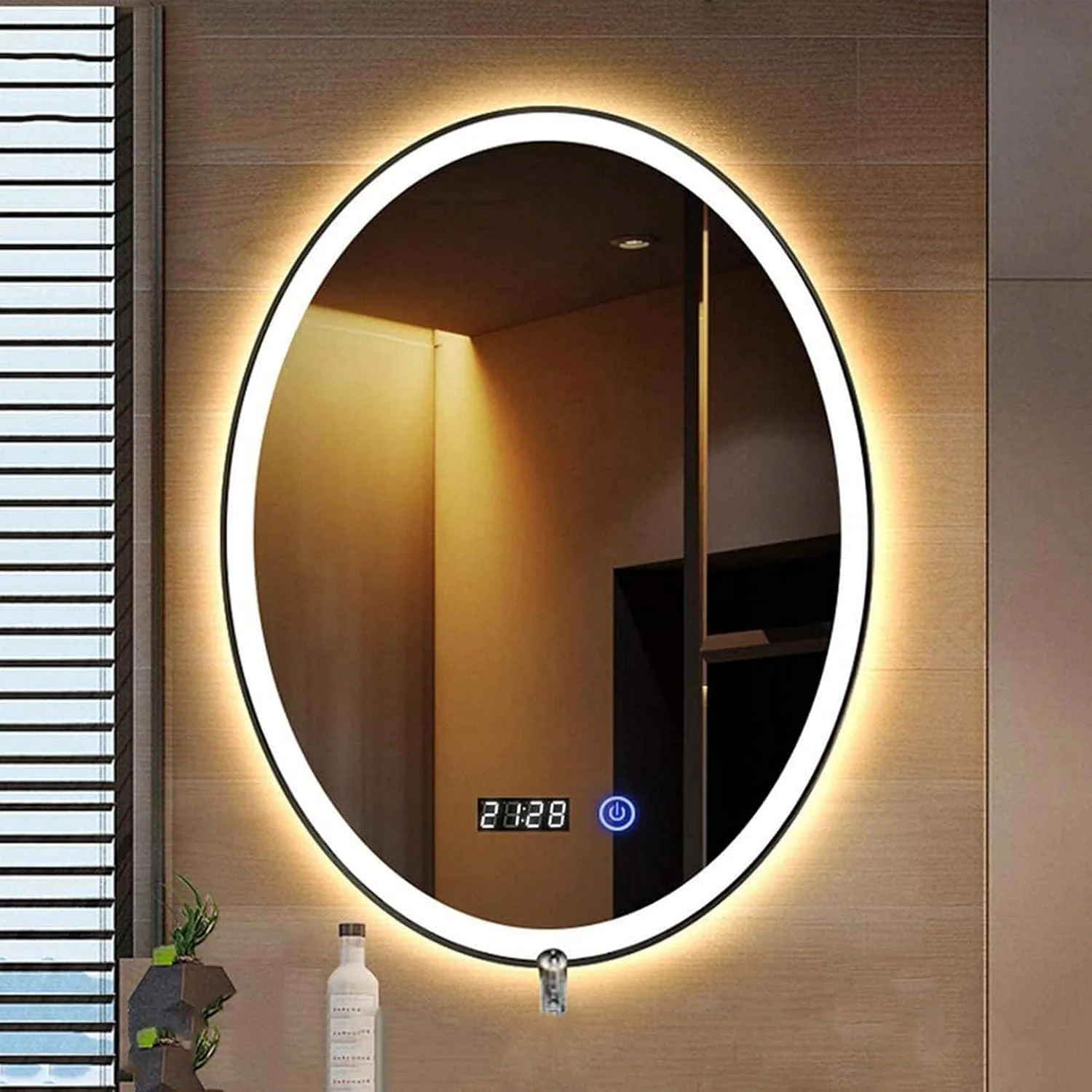 آینه آرایشی LED حمام، بیضی شکل بدون قاب نورانی، نور پس زمینه، آینه آرایشی، دیمر دار [کلید لمسی + نمایش زمان] (اندازه: 6080 سانتی متر) ()