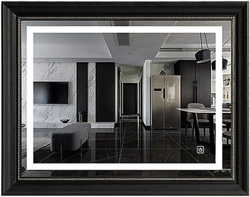 آینه حمام ال ای دی قاب دار / آینه دیواری روشویی نورپردازی شده / 60x80 سانتی متر / آینه روشویی طرح قدیمی | دکمه لمسی + پد ضد بخار + ضد انفجار HD | آینه تزئینی مستطیلی (افقی/عمودی)