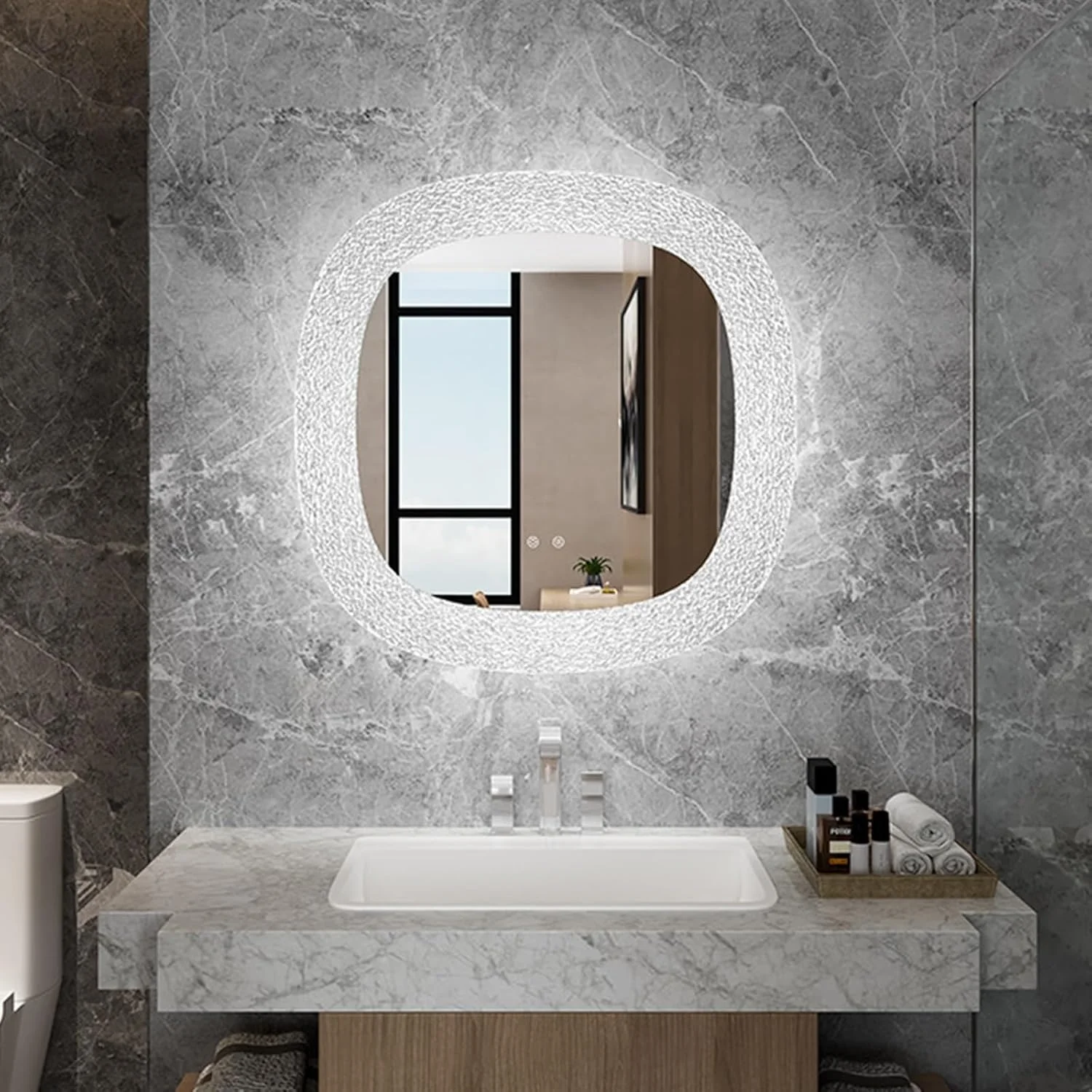 آینه دیواری هوشمند LED برای حمام، آینه ضد انفجار با چراغ، دارای 3 رنگ نور قابل تنظیم چند منظوره، آینه ضد بخار هوشمند برای حمام و اتاق خواب