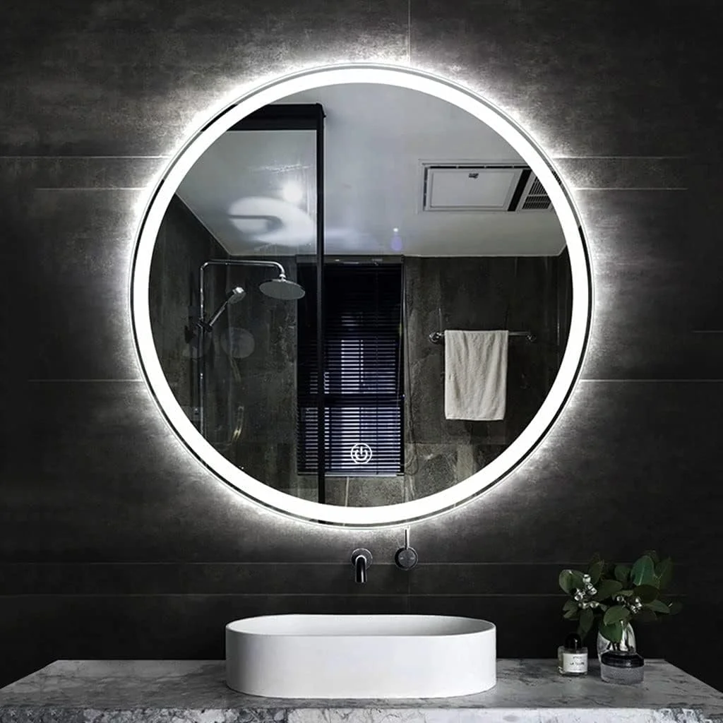 آینه حمام گرد بدون قاب با نور پس زمینه، آینه هوشمند ضد بخار با چراغ، آینه آرایش، نور پس زمینه و نورپردازی جلو