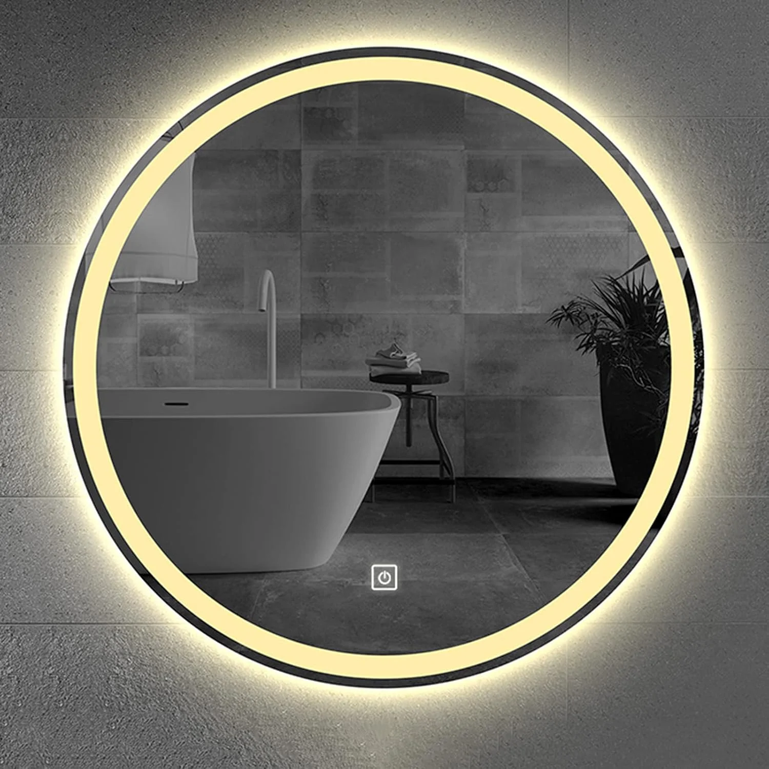 آینه گرد ال ای دی برای حمام، آینه آرایشی دیواری بدون قاب با نور دوگانه، ضد بخار، (نور پس زمینه + نور جلو) (نور گرم با کلید 80 سانتی متر)
