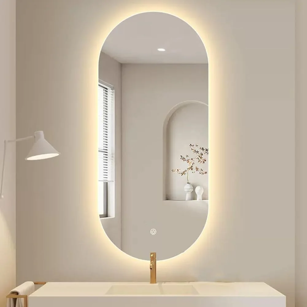 آینه حمام ال ای دی بیضی شکل 50 در 50 سانتی متر، آینه روشویی بدون قاب با ضد بخار، آینه دیواری لمسی با قابلیت تنظیم نور در 3 رنگ برای اتاق خواب، اتاق نشیمن