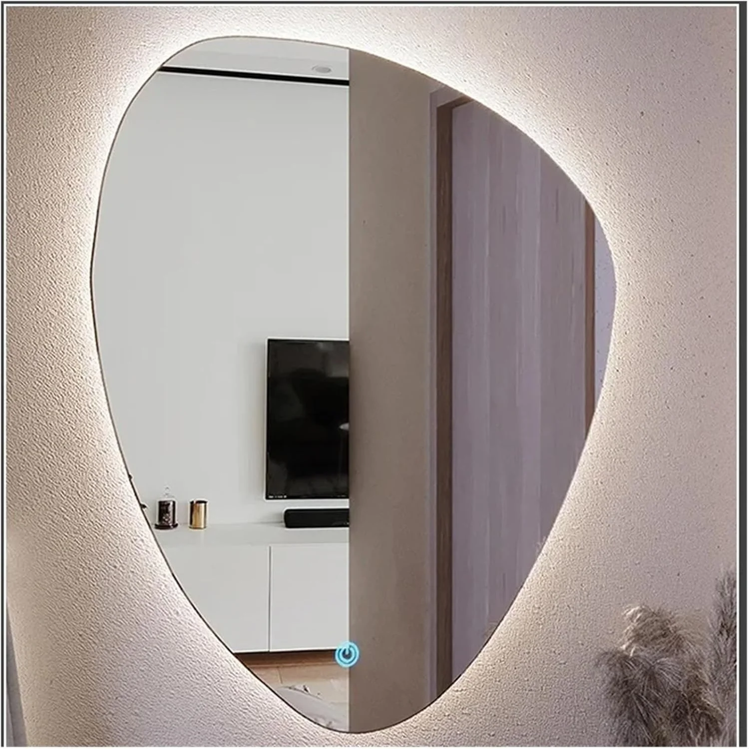 آینه حمام بدون قاب با صفحه لمسی، آینه حمام نور پس زمینه دار، آینه هوشمند حمام با نور لمسی، آینه آرایشی نامنظم حمام، آینه دیواری بدون قاب