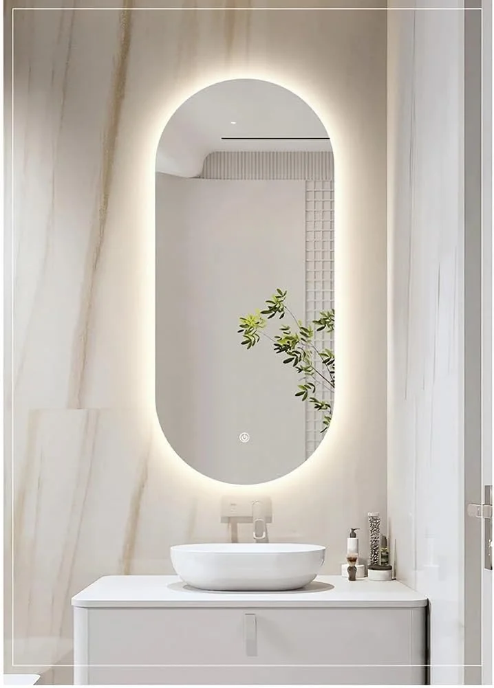 آینه حمام ال ای دی بیضی شکل 50 در 50 سانتی متر، آینه روشویی بدون قاب با ضد بخار، آینه دیواری لمسی با قابلیت تنظیم نور در 3 رنگ برای اتاق خواب، اتاق نشیمن