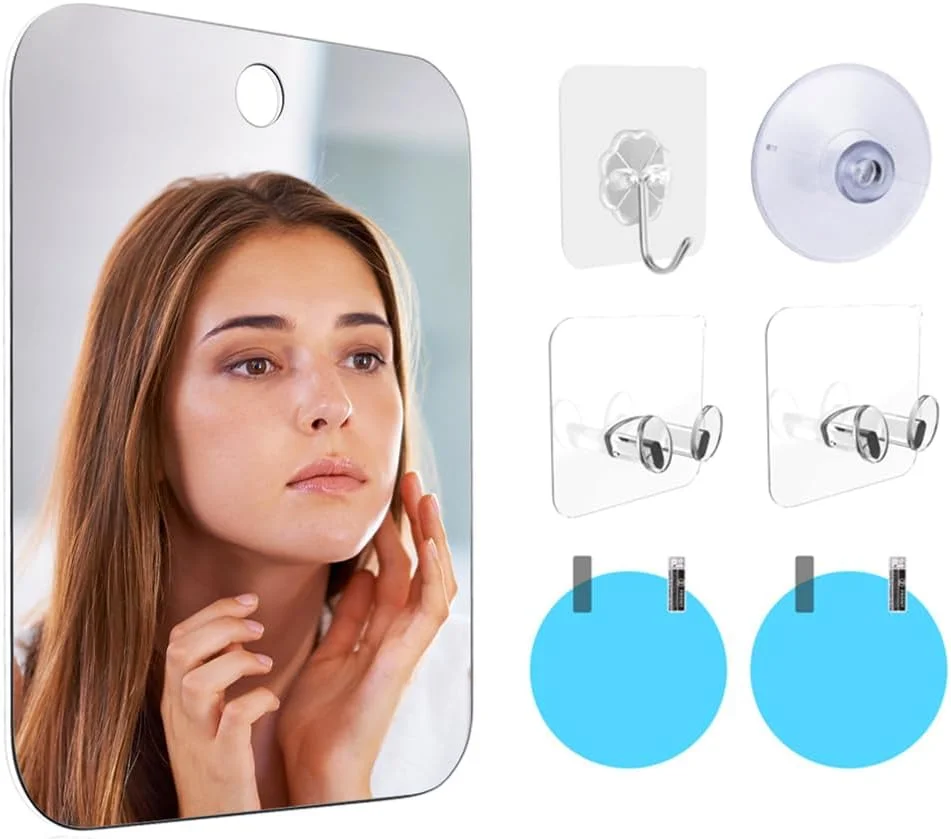 آینه بدون بخار برای حمام، 17x13 سانتی‌متر، آینه دیواری بدون قاب با 2 لایه ضد بخار و قلاب چسبی، نشکن، نصب آسان، انعکاس واضح برای حمام و آرایش