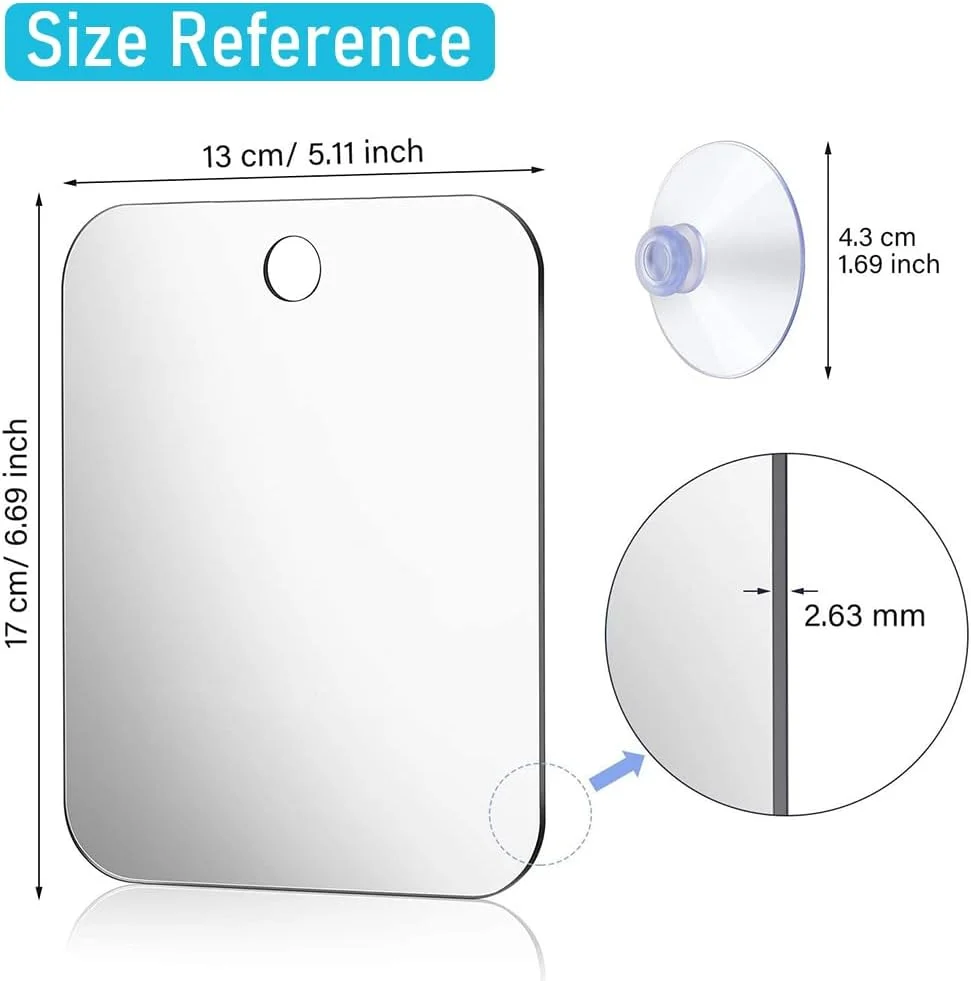 آینه بدون بخار برای حمام، 17x13 سانتی‌متر، آینه دیواری بدون قاب با 2 لایه ضد بخار و قلاب چسبی، نشکن، نصب آسان، انعکاس واضح برای حمام و آرایش