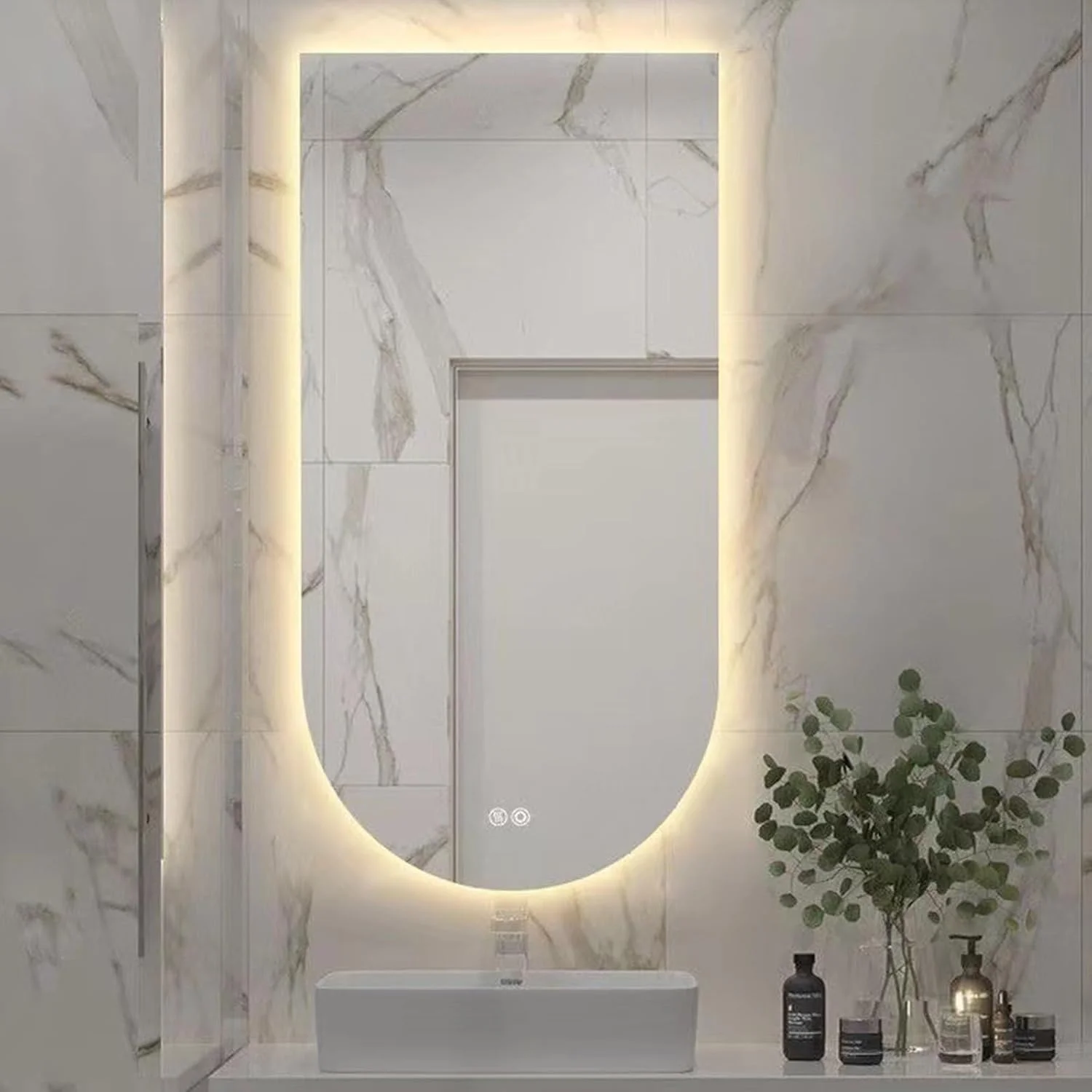 آینه حمام LED قوسی، بدون قاب، نور پس زمینه، ضد بخار نصب شده روی دیوار با چراغ، هوشمند با قابلیت تنظیم نور، آینه روشویی با نور 3 رنگ برای اتاق نشیمن، ورودی، حمام، اتاق خواب (60*90 سانتی متر)