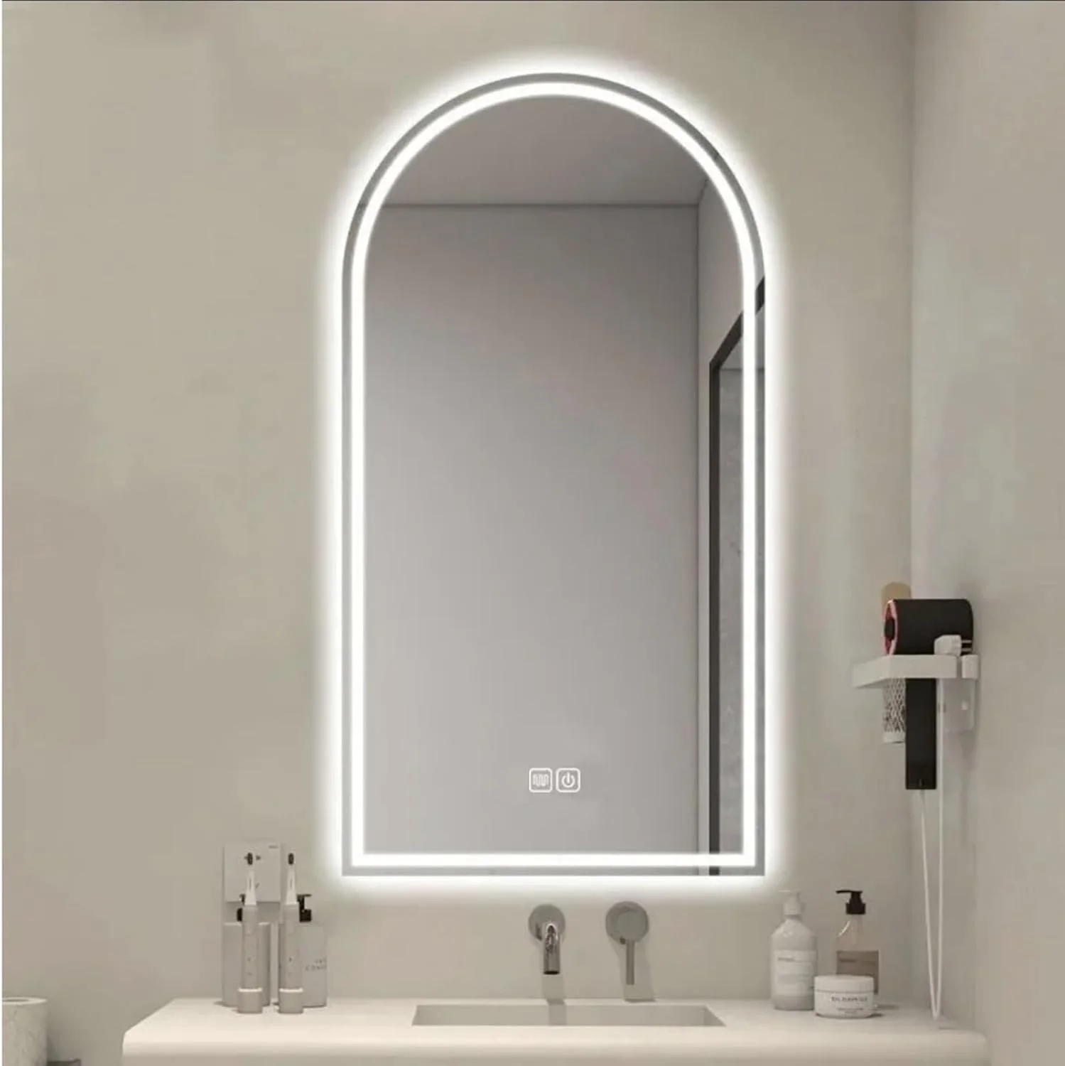 آینه حمام LED قوسی، آینه دیواری بدون قاب، ضد بخار، 3 رنگ نور قابل تنظیم، آینه روشویی دیواری با نور، آینه آرایش حافظه دار با کلید لمسی (سایز: 50X70)