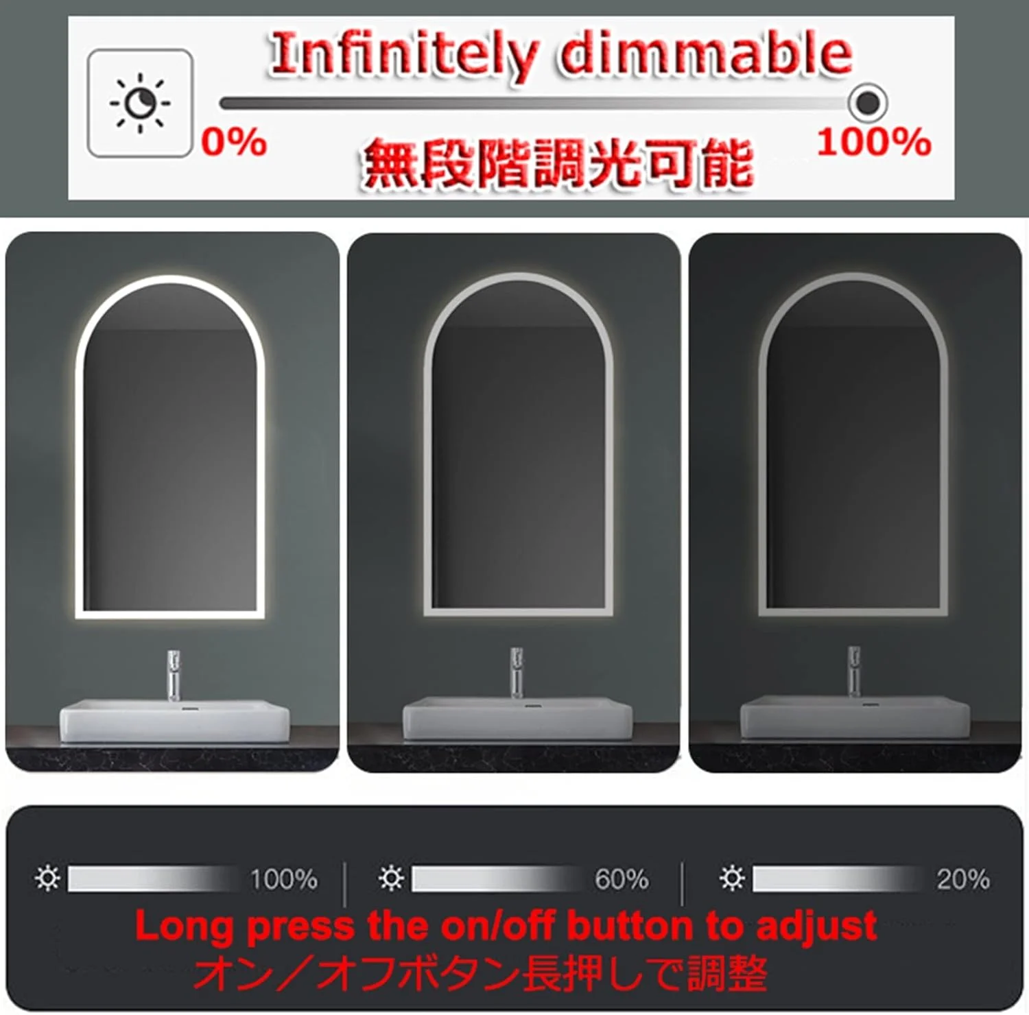 آینه قدی کمانی با نورهای ال ای دی، آینه دیواری بدون قاب، آینه آرایشی اتاق خواب، آینه تزئینی اتاق نشیمن، نور قابل تنظیم، دکمه لمسی هوشمند، کیفیت تصویر HD، بسیار عالی