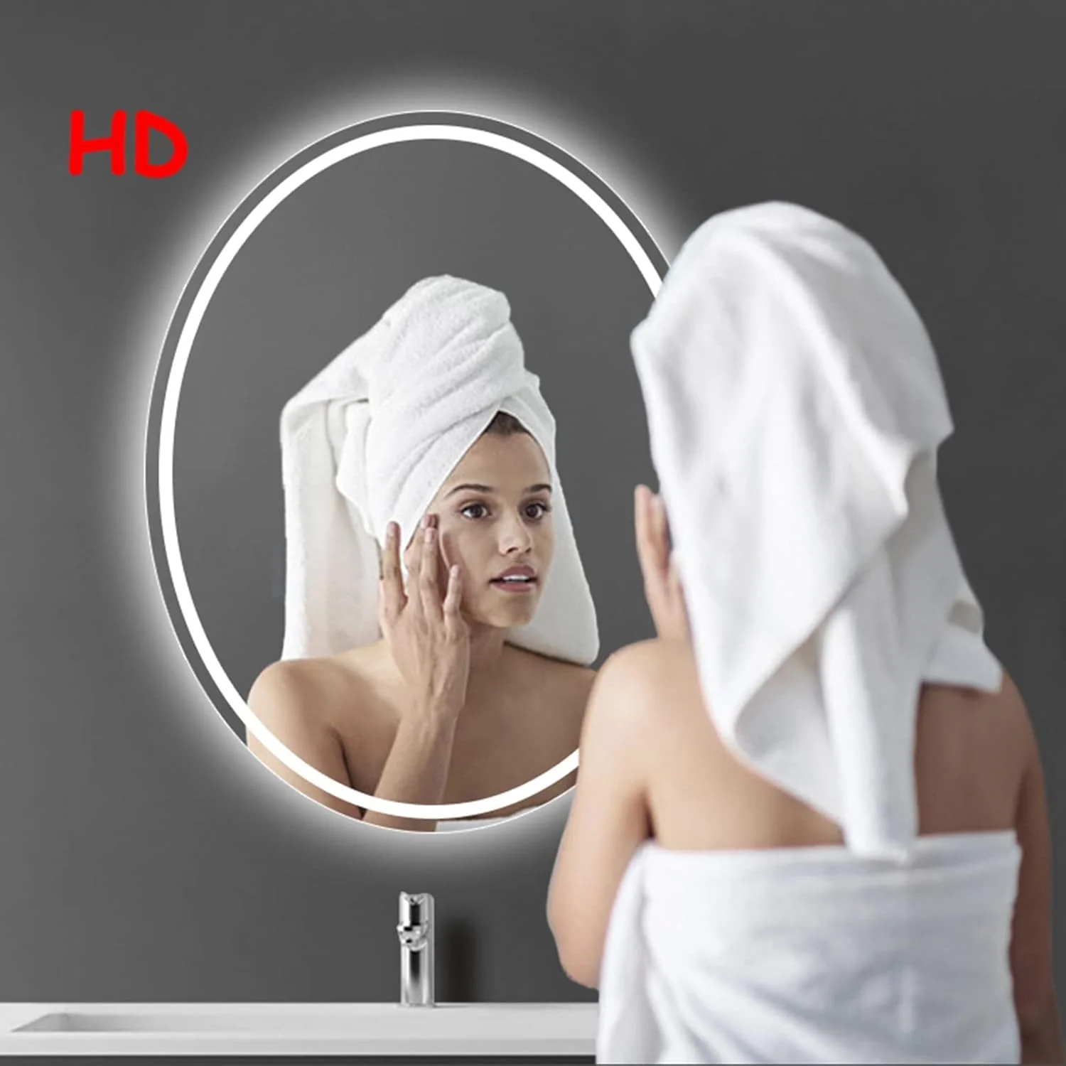 آینه بیضی بزرگ حمام 50X70cm|60X80cm، آینه دیواری با نور LED، آینه روشویی، آینه تزئینی مدرن بدون قاب، HD، دکمه تک لمسی، 3 رنگ با قابلیت تنظیم نور بی نهایت، IP44