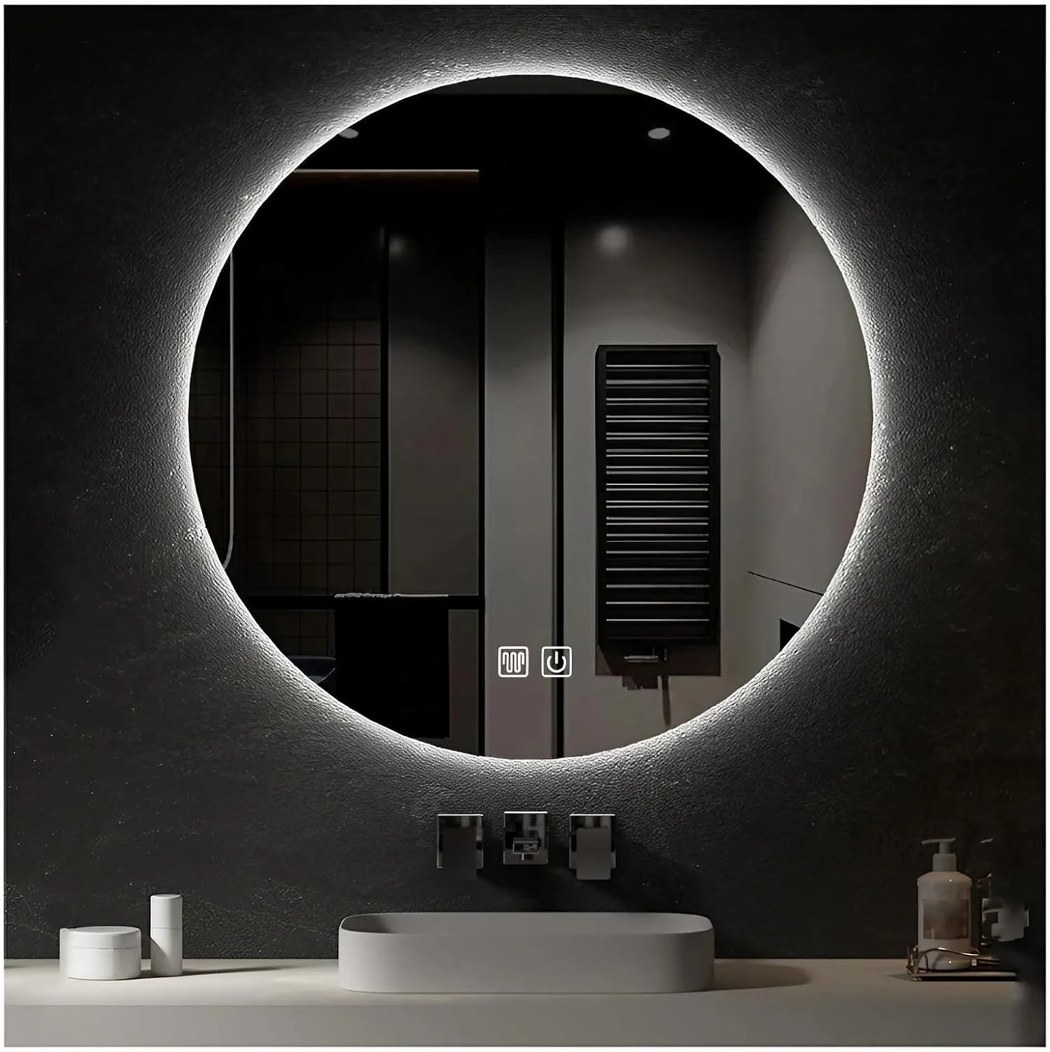 آینه گرد 600 میلی‌متری حمام با نور، آینه روشویی بدون قاب دایره‌ای روشن با ضد بخار، آینه آرایش دیواری با قابلیت تنظیم نور 3 رنگ