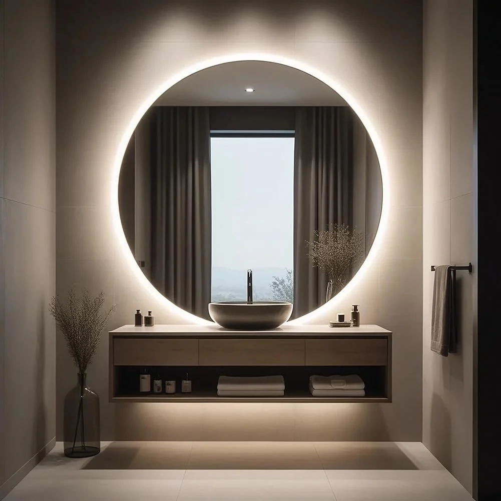 آینه گرد 600 میلی‌متری حمام با نور، آینه روشویی بدون قاب دایره‌ای روشن با ضد بخار، آینه آرایش دیواری با قابلیت تنظیم نور 3 رنگ