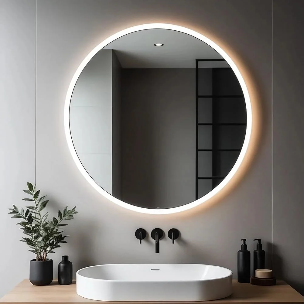 آینه گرد 600 میلی‌متری حمام با نور، آینه روشویی بدون قاب دایره‌ای روشن با ضد بخار، آینه آرایش دیواری با قابلیت تنظیم نور 3 رنگ
