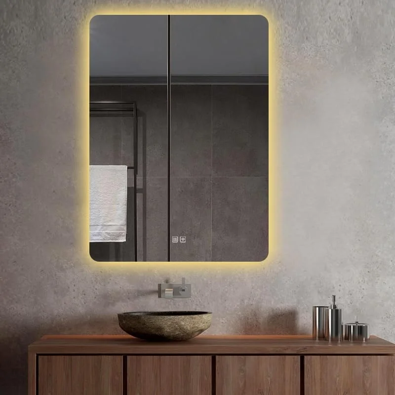 آینه حمام با چراغ‌های ال‌ای‌دی، آینه آرایش روشن برای حمام، آینه دیواری مستطیلی بدون قاب، 3 رنگ قابل تنظیم، کلید لمسی حسی، افقی/عمودی (رنگ: Ver)