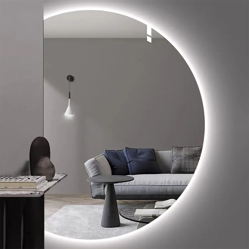 آینه حمام دیواری با نور پس زمینه، 3 حالت رنگ، آینه روشویی بدون قاب با نور LED هوشمند و آینه آرایشی نیمه ماه (برش چپ 80x120 سانتی متر)