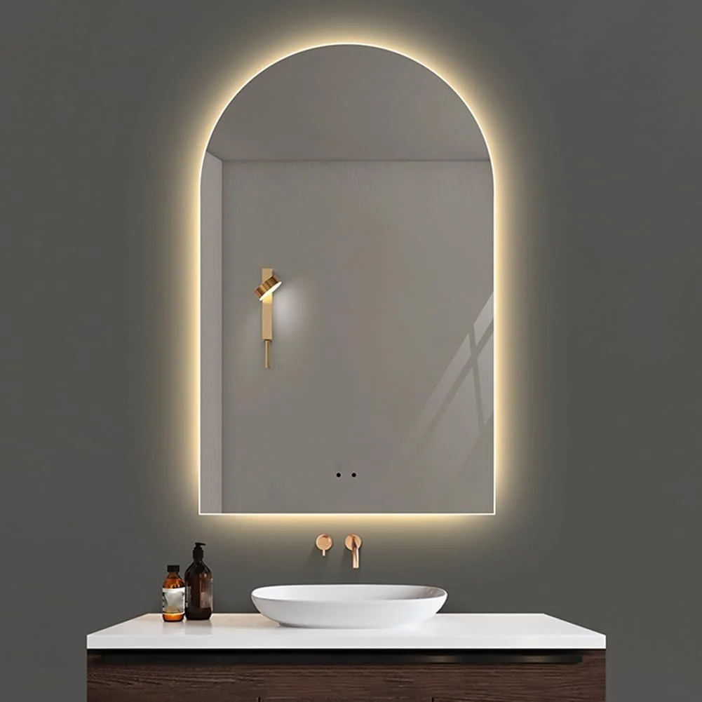 آینه حمام ال ای دی 40 در 70 سانتی متر، آینه روشویی بدون قاب با نور پس زمینه و سه رنگ قابل تنظیم برای دکور دیوار، آینه آرایشی ضد بخار با دکمه لمسی