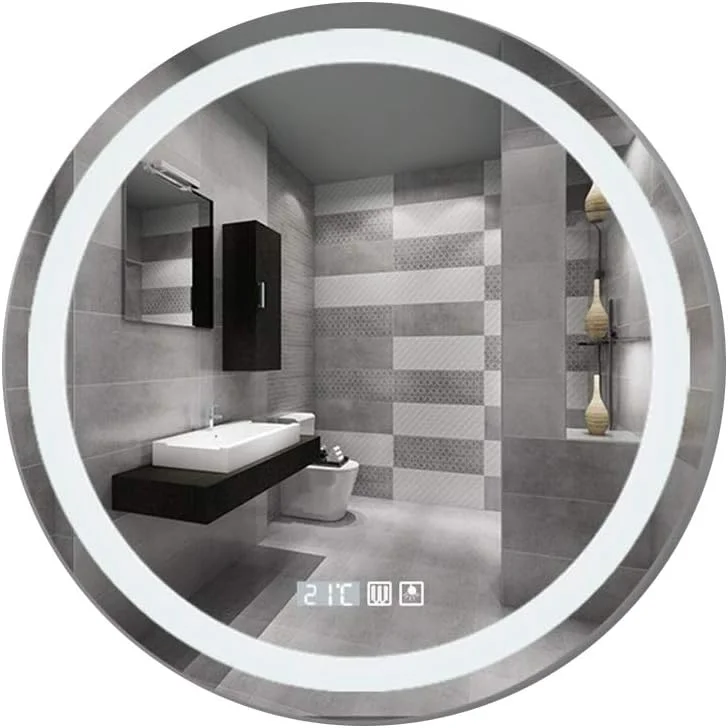 آینه ال ای دی حمام، آینه دیواری گرد بدون قاب با کنترل لمسی حسگر نور سفید، نمایشگر دما و زمان و ضد بخار، 80 سانتی متر