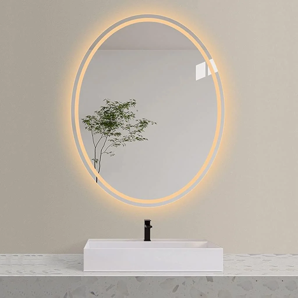 آینه بی قاب بیضی شکل دیواری حمام، آینه روشنایی دار ال ای دی، آینه آرایشی با چراغ، نور پس زمینه (رنگ: نور گرم، اندازه: بیضی 500x700 میلی متر)