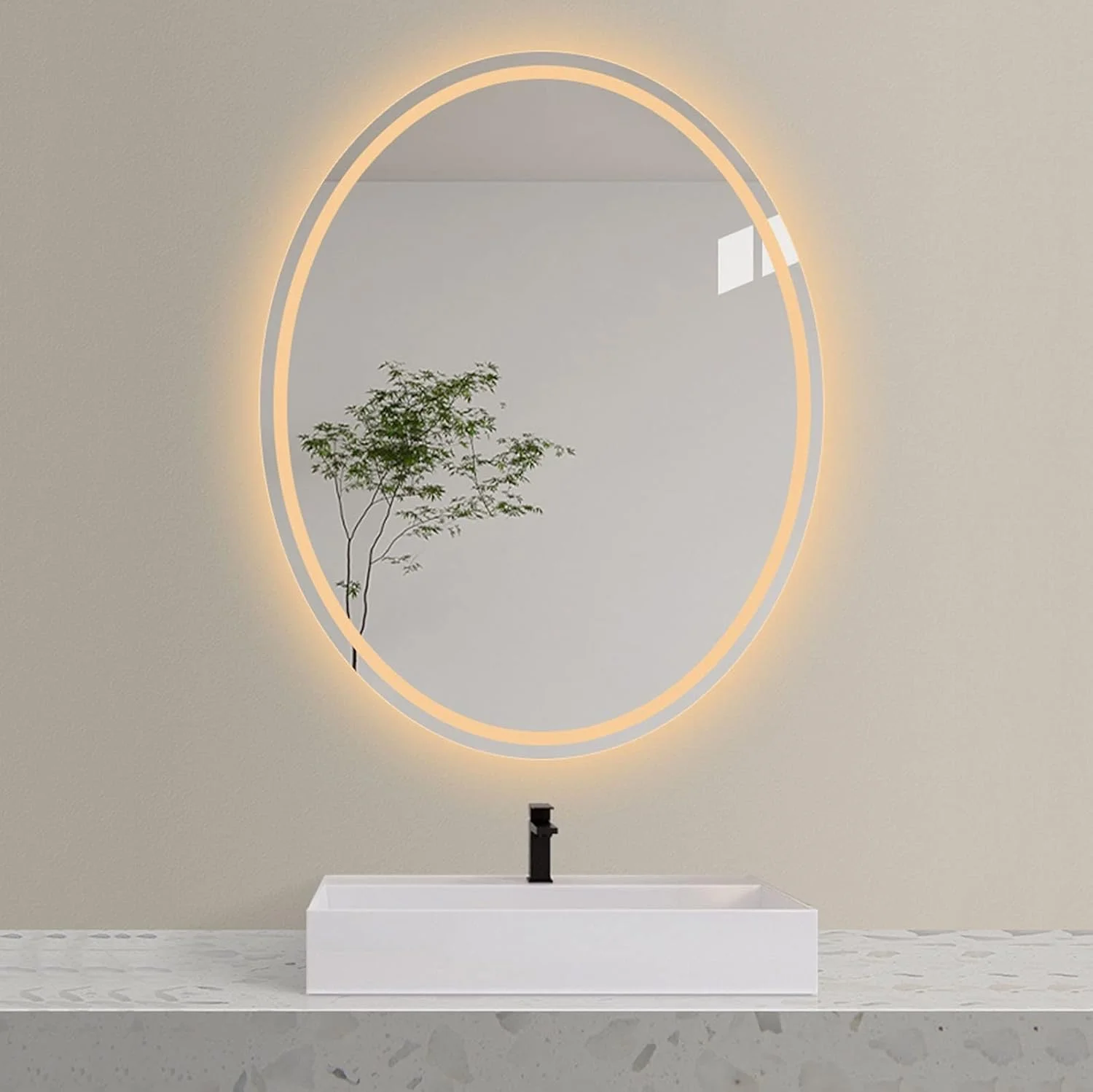 آینه بی قاب بیضی شکل دیواری حمام، آینه روشنایی دار ال ای دی، آینه آرایشی با چراغ، نور پس زمینه (رنگ: نور گرم، اندازه: بیضی 500x700 میلی متر)