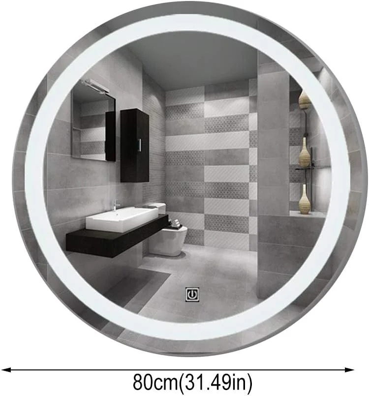 آینه ال ای دی حمام، آینه دیواری گرد بدون قاب با کنترل لمسی حسگر نور سفید، نمایشگر دما و زمان و ضد بخار، 80 سانتی متر