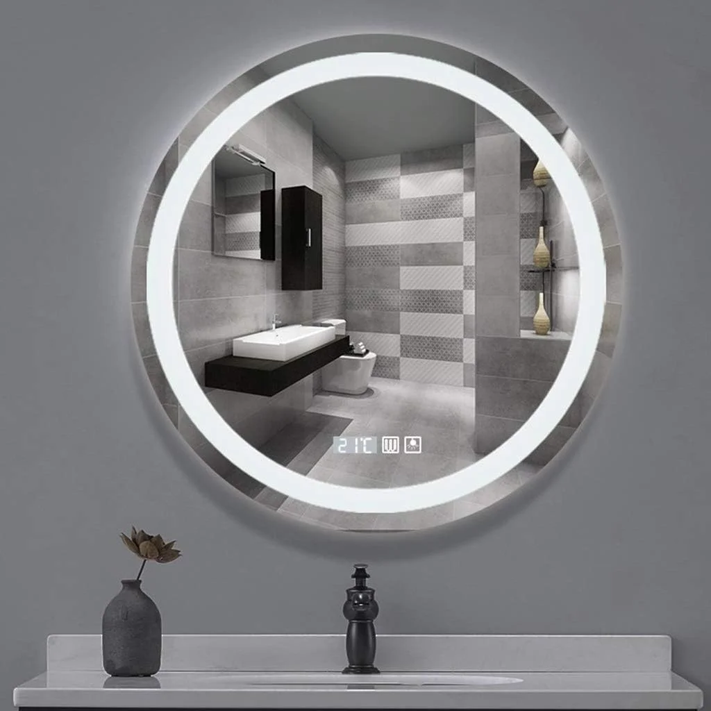 آینه ال ای دی حمام، آینه دیواری گرد بدون قاب با کنترل لمسی حسگر نور سفید، نمایشگر دما و زمان و ضد بخار، 80 سانتی متر