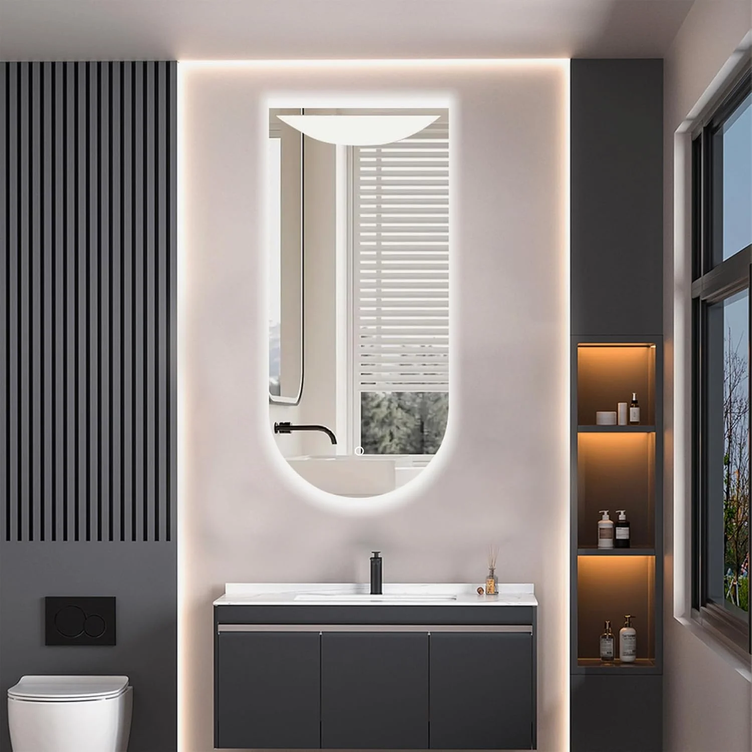 آینه قدی کمانی ال ای دی مناسب سرویس بهداشتی، 55x120 سانتی متر، آینه نور دار با نور پس زمینه و جلو، آینه آرایش دیمردار قابل نصب روی دیوار