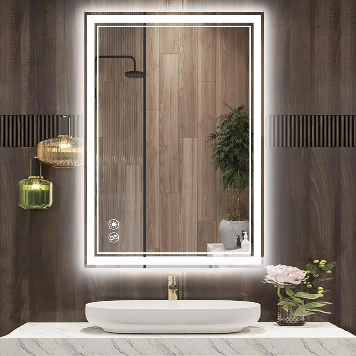 آینه حمام ال ای دی 91x61 سانتی‌متر با عملکرد حافظه و ضد بخار، آینه حمام با نور، روشنایی قابل تنظیم، 3 رنگ، آینه روشویی حمام، نصب دیواری، دکور خانه، افقی/عمودی، کلید دیواری/اتصال دوشاخه