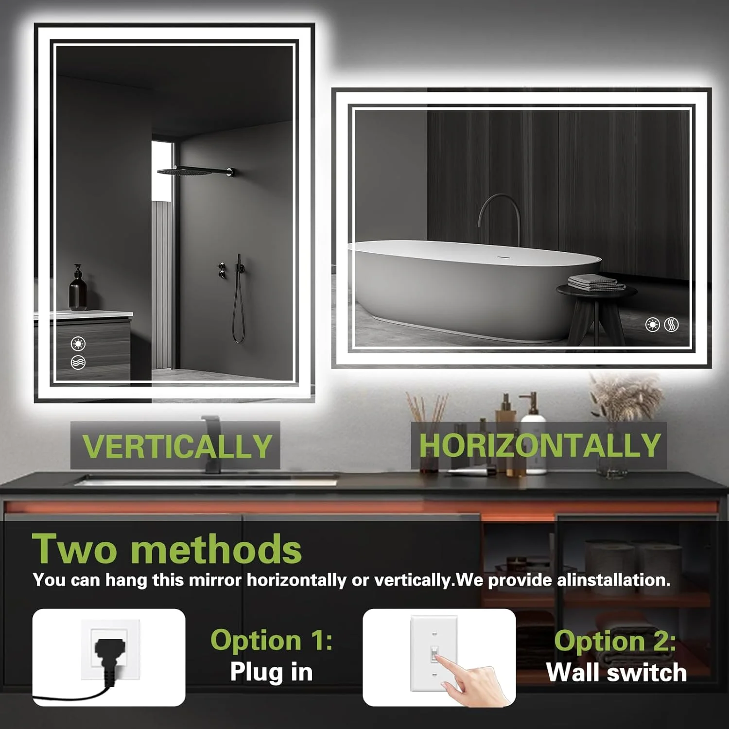 آینه حمام ال ای دی 91x61 سانتی‌متر با عملکرد حافظه و ضد بخار، آینه حمام با نور، روشنایی قابل تنظیم، 3 رنگ، آینه روشویی حمام، نصب دیواری، دکور خانه، افقی/عمودی، کلید دیواری/اتصال دوشاخه